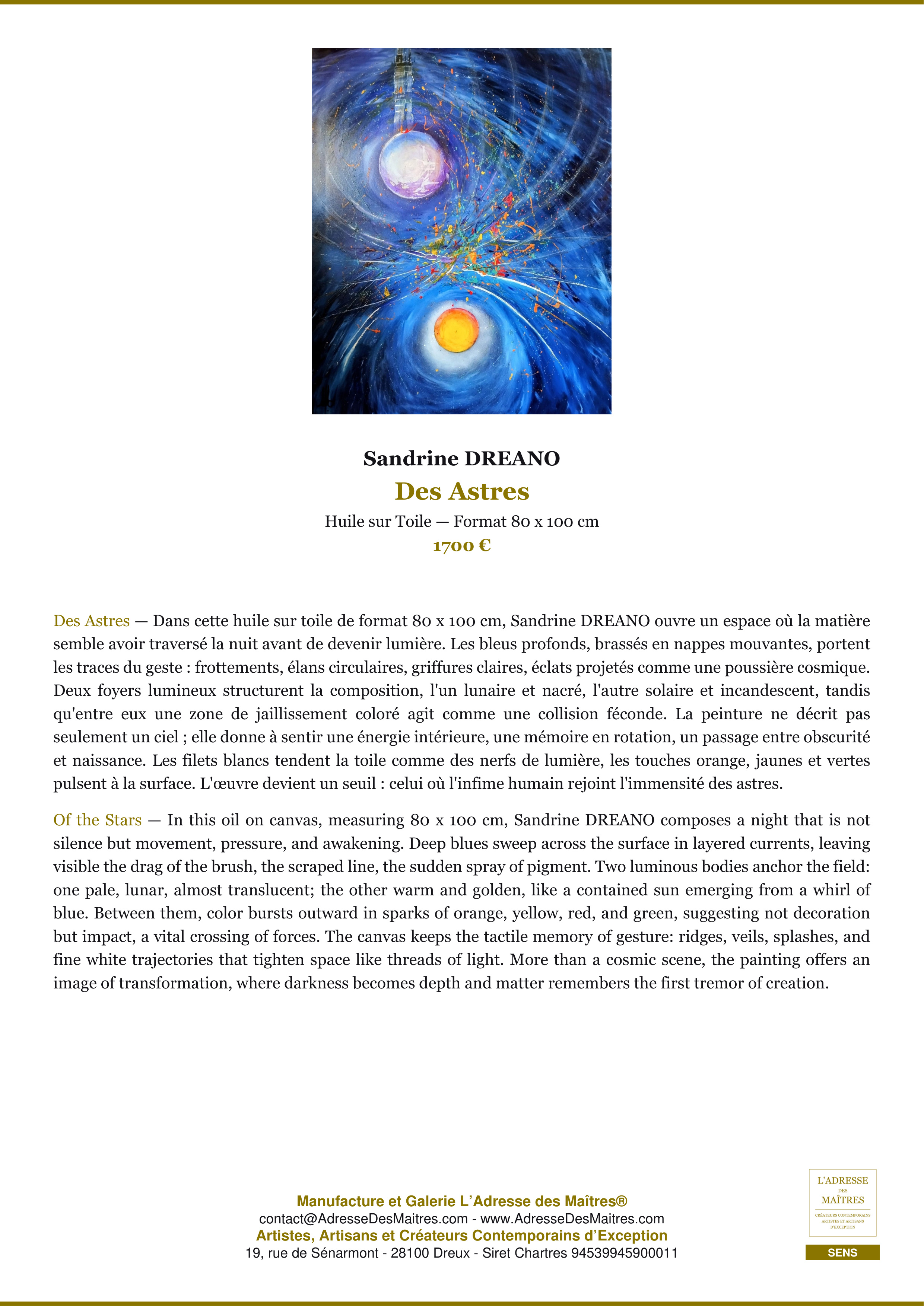 Fiche Premium — Des Astres — Sandrine DREANO — L'Adresse des Maîtres®
