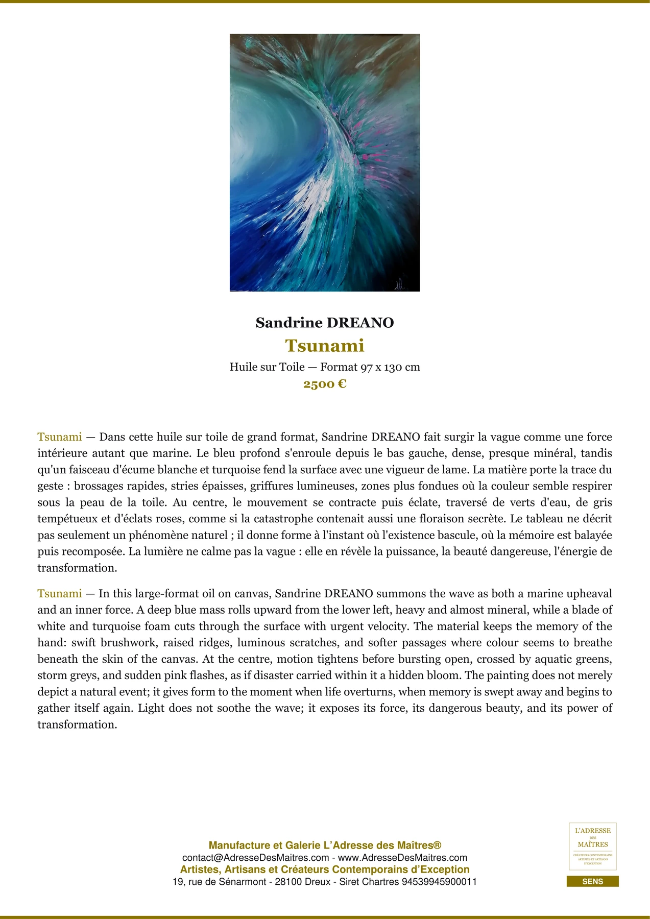 Fiche Premium - Tsunami - Sandrine DREANO - L'Adresse des Maîtres®