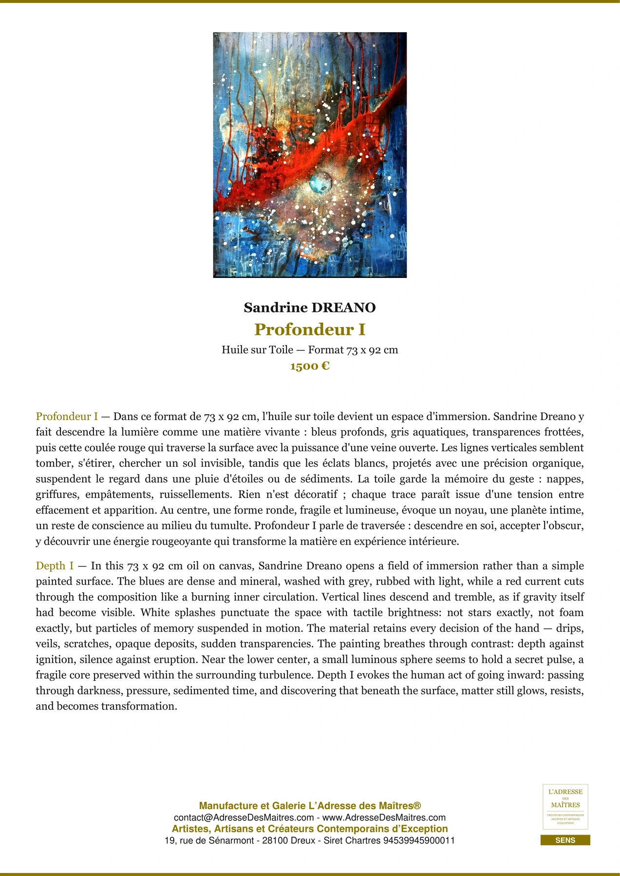 Fiche Premium - Profondeur I - Sandrine DREANO - L'Adresse des Maîtres®