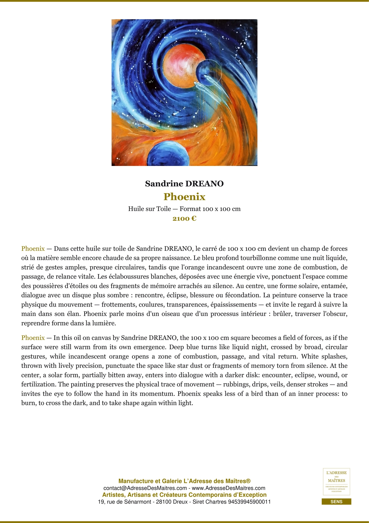Fiche Premium - Phoenix - Sandrine DREANO - L'Adresse des Maîtres®