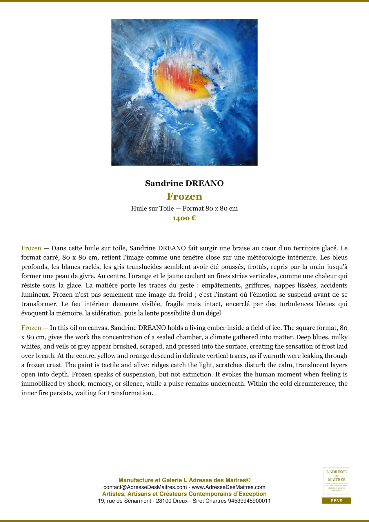 Fiche Premium - Frozen - Sandrine DREANO - L'Adresse des Maîtres®