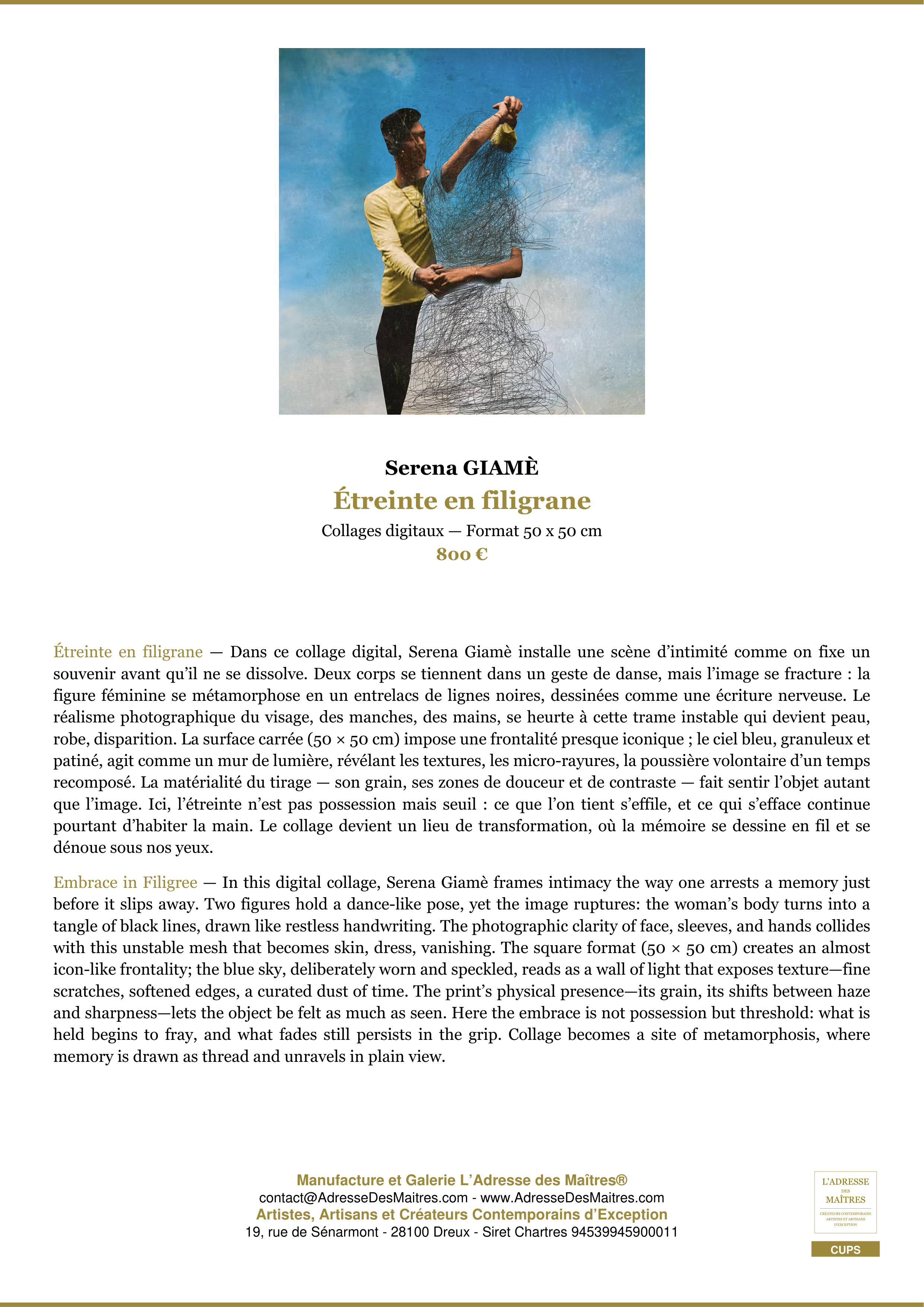 Fiche Premium — Étreinte en filigrane — Serena GIAMÈ — L'Adresse des Maîtres®