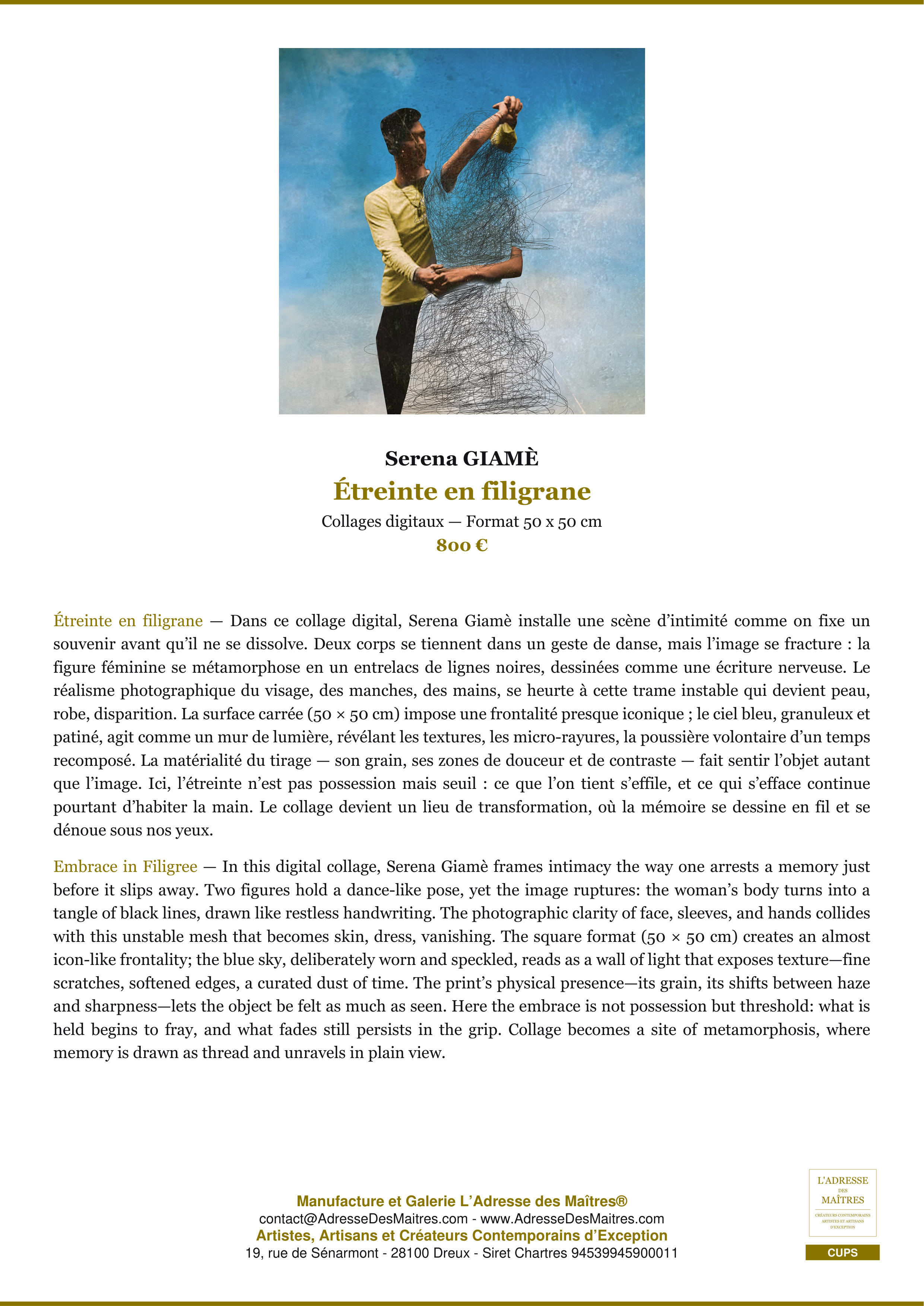 Fiche Premium — Étreinte en filigrane — Serena GIAMÈ — L'Adresse des Maîtres®