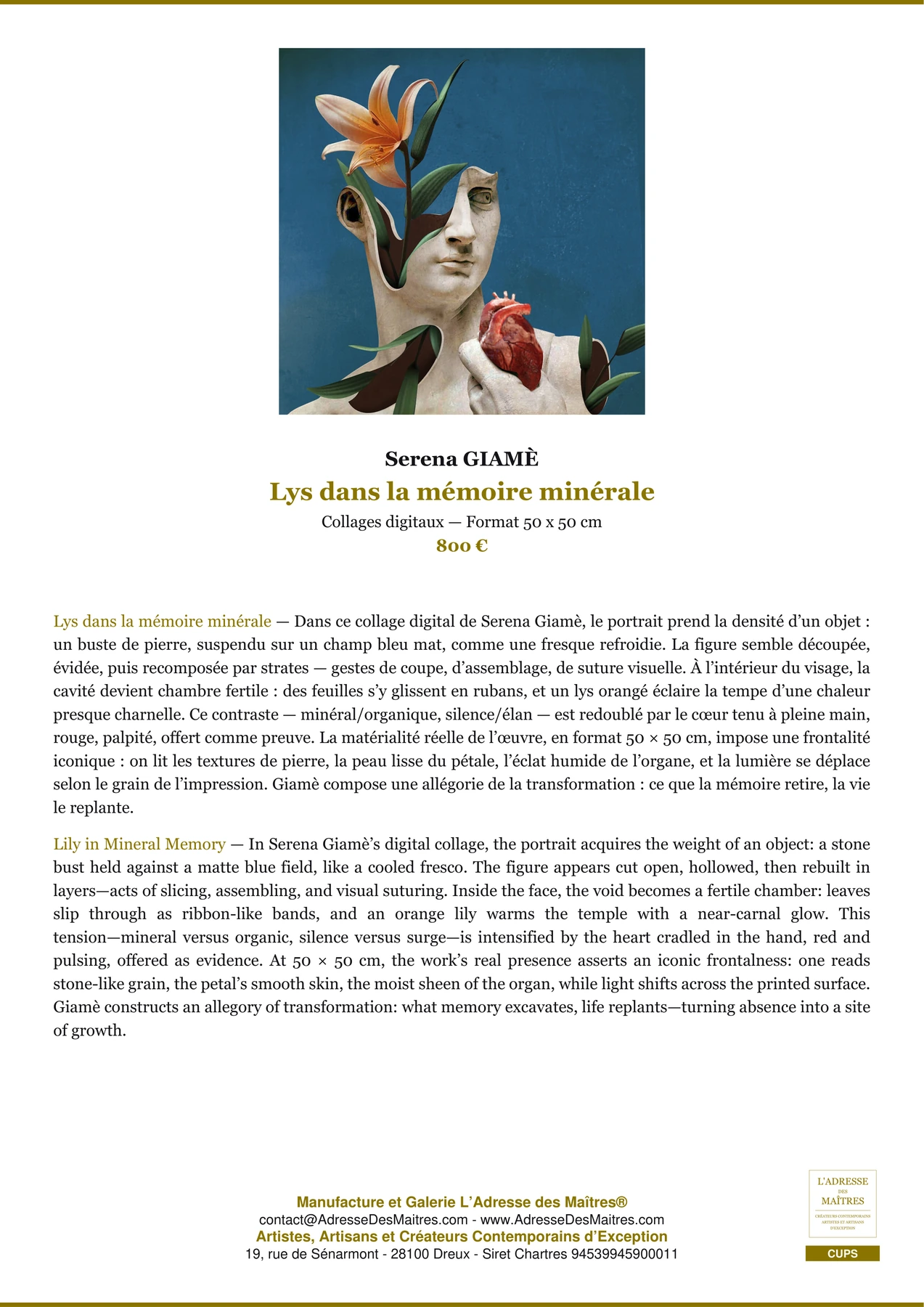 Fiche Premium - Lys dans la mémoire minérale - Serena GIAMÈ - L'Adresse des Maîtres®
