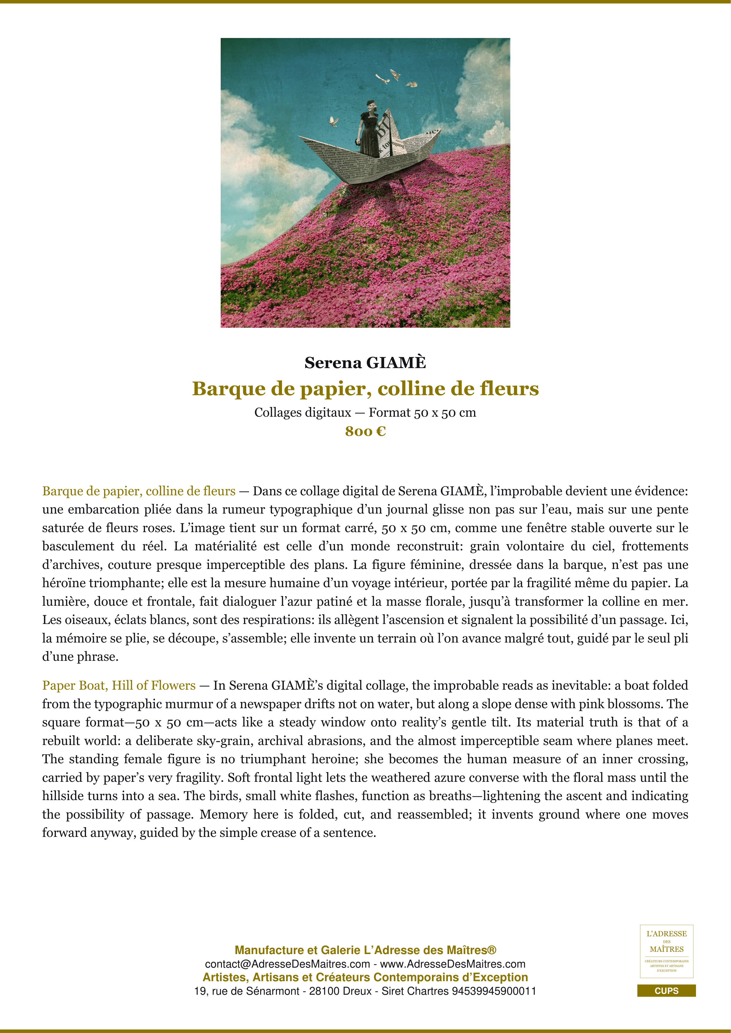 Fiche Premium — Barque de papier, colline de fleurs — Serena GIAMÈ — L'Adresse des Maîtres®
