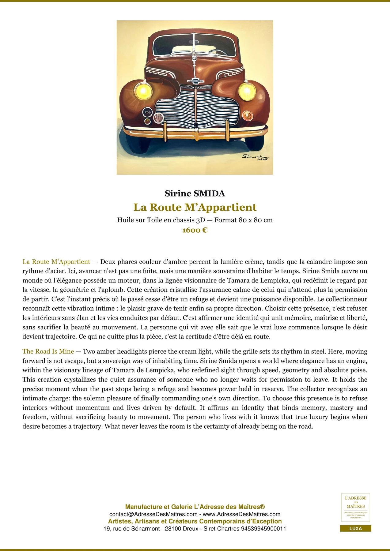 Fiche Premium — La Route M’Appartient — Sirine SMIDA — L'Adresse des Maîtres®