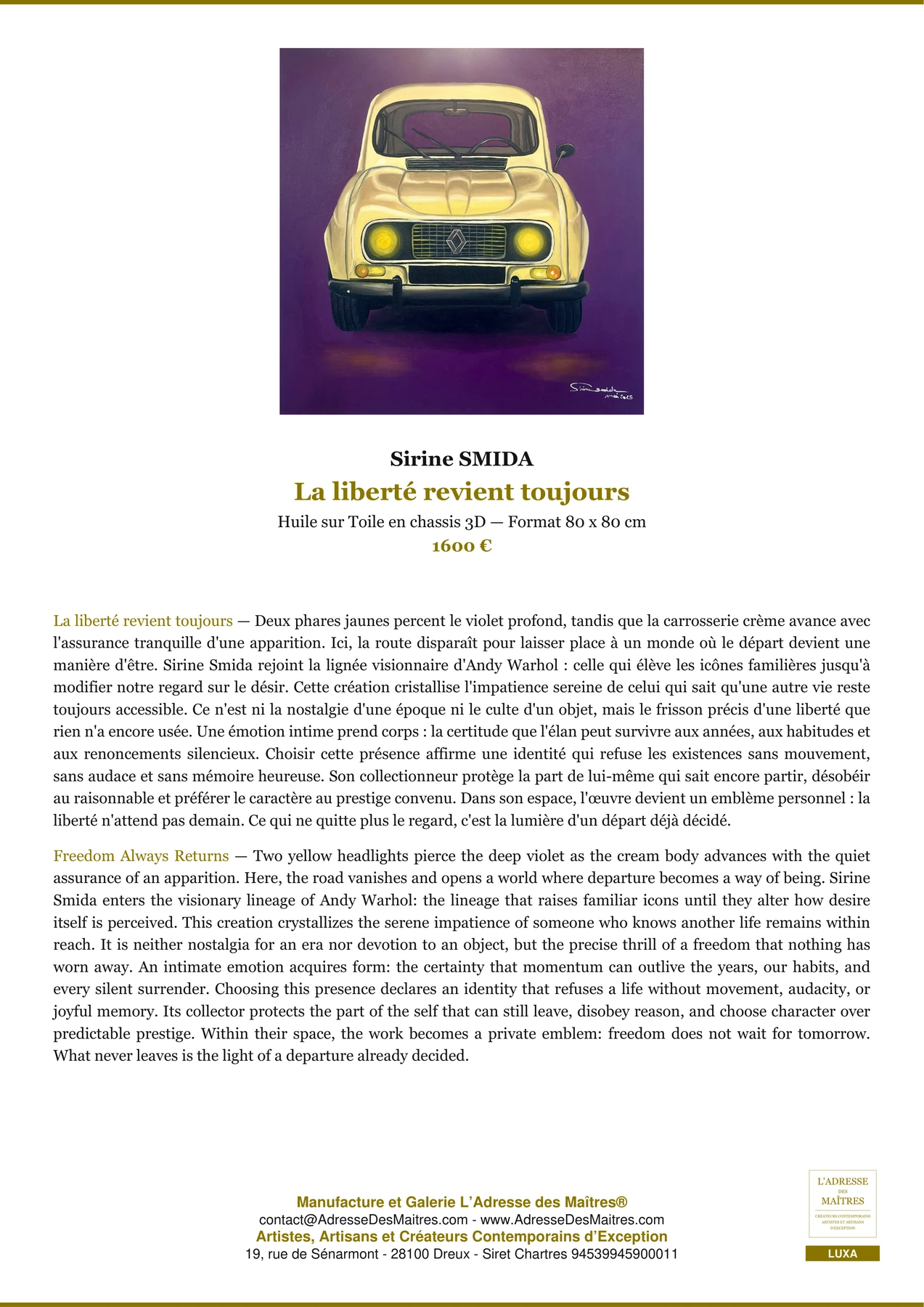 Fiche Premium — La liberté revient toujours — Sirine SMIDA — L'Adresse des Maîtres®