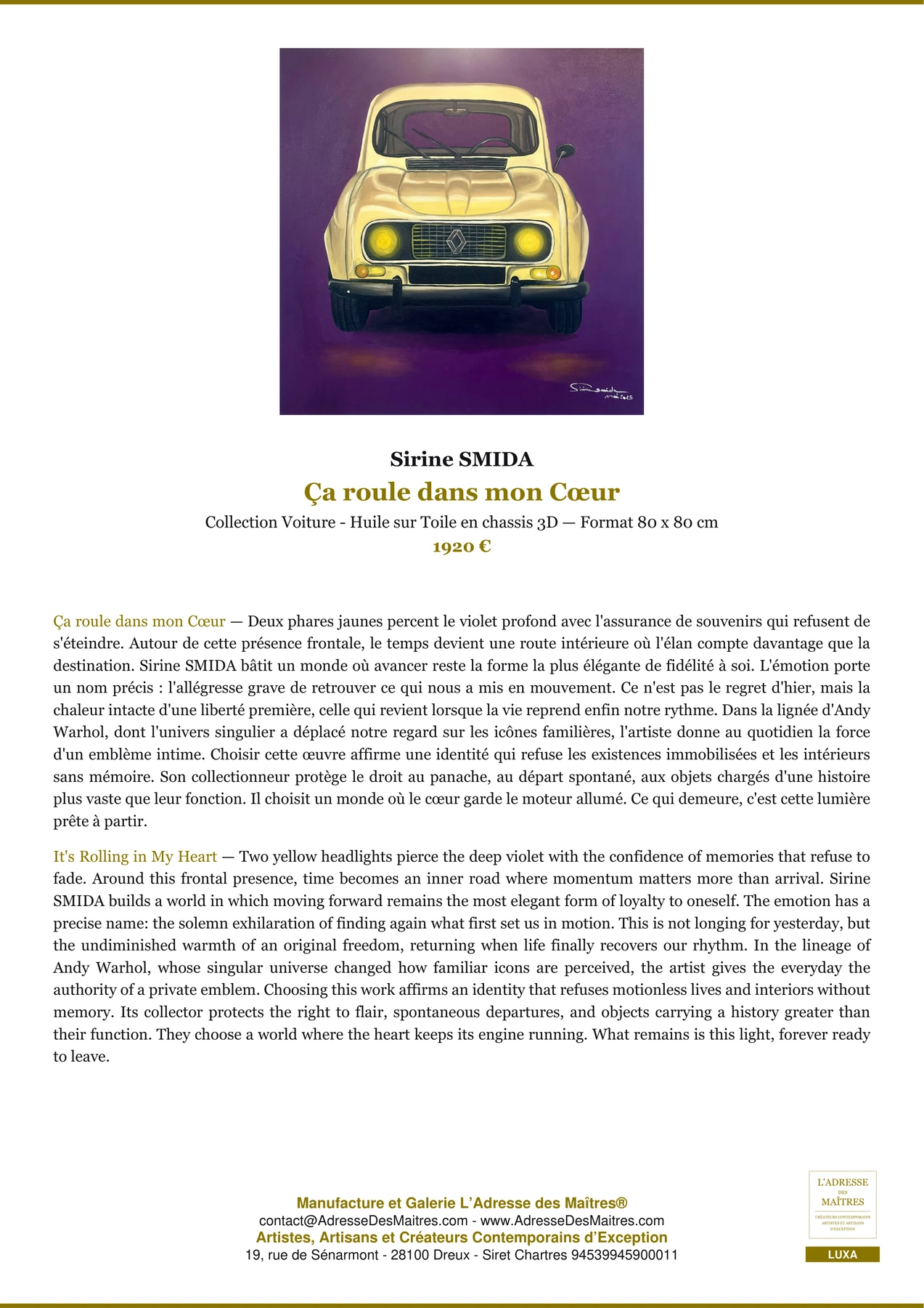 Fiche Premium - Ça roule dans mon Cœur - Sirine SMIDA - L'Adresse des Maîtres®