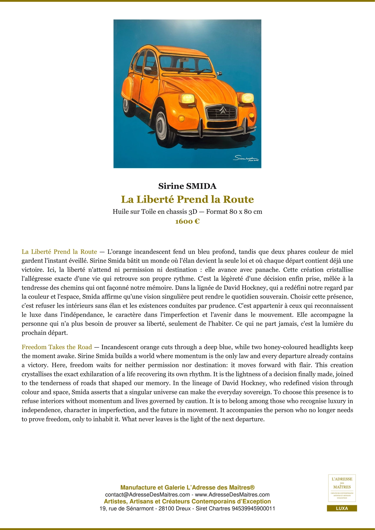 Fiche Premium — La Liberté Prend la Route — Sirine SMIDA — L'Adresse des Maîtres®