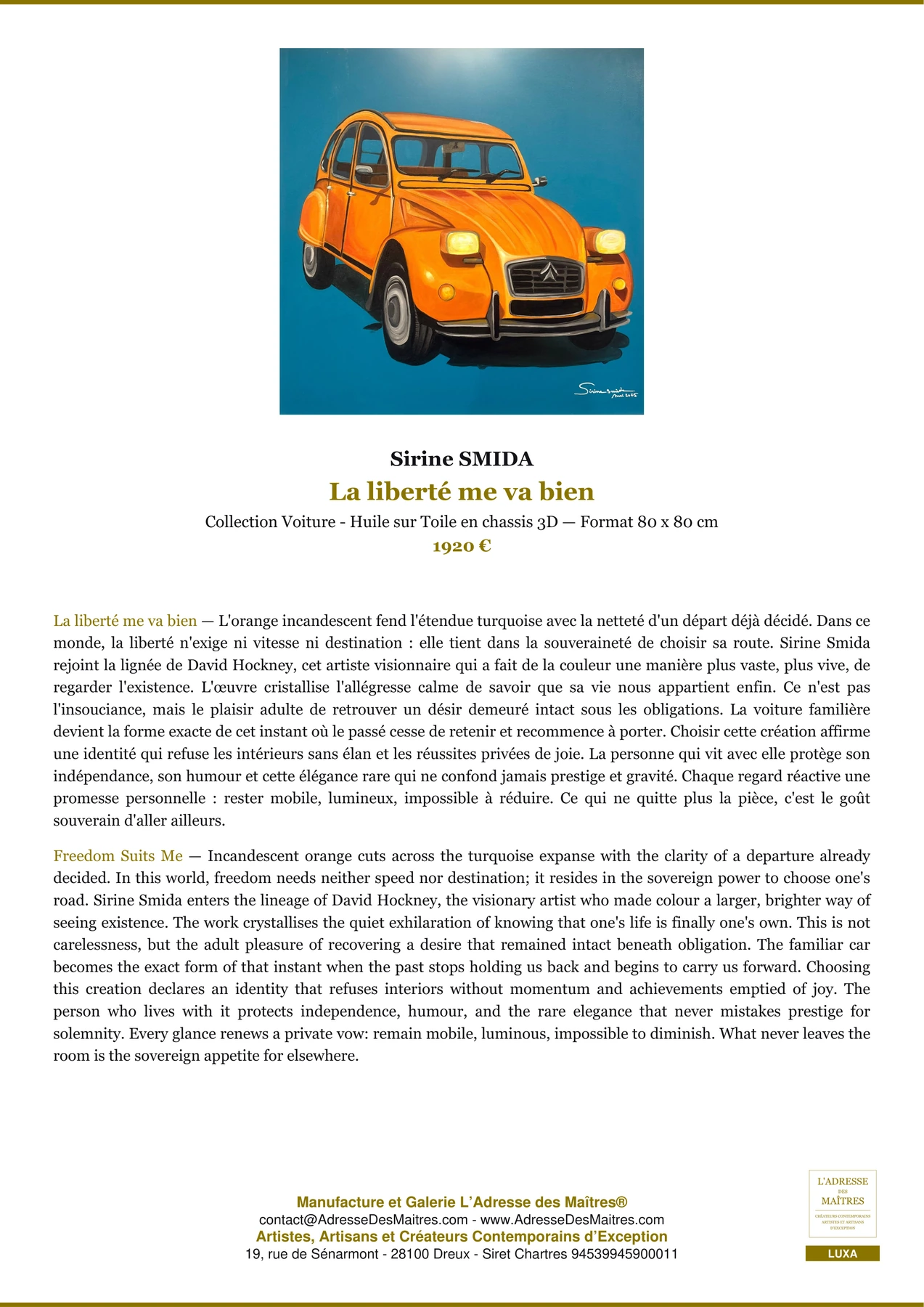 Fiche Premium - La liberté me va bien - Sirine SMIDA - L'Adresse des Maîtres®