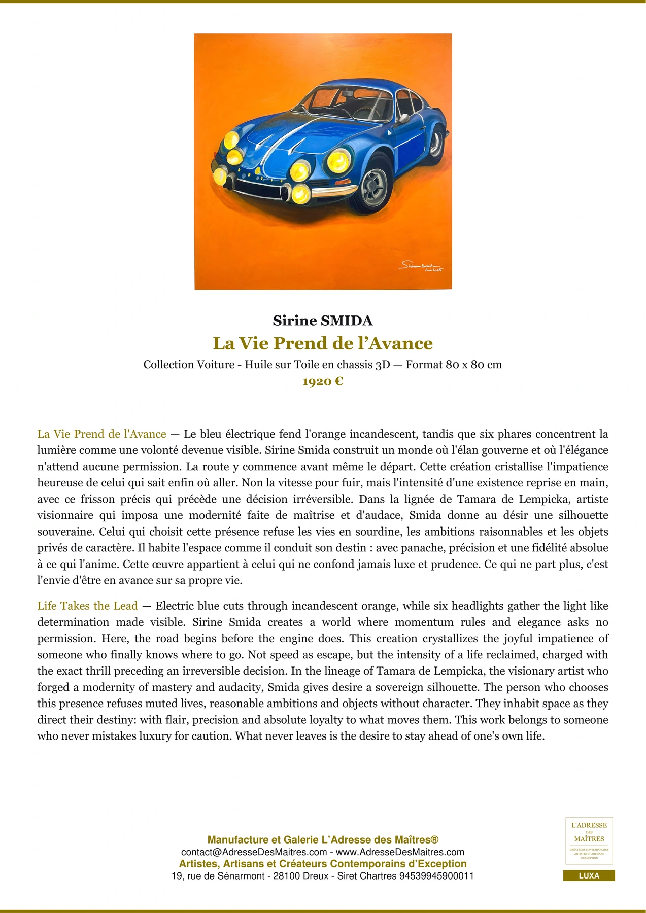 Fiche Premium - La Vie Prend de l’Avance - Sirine SMIDA - L'Adresse des Maîtres®