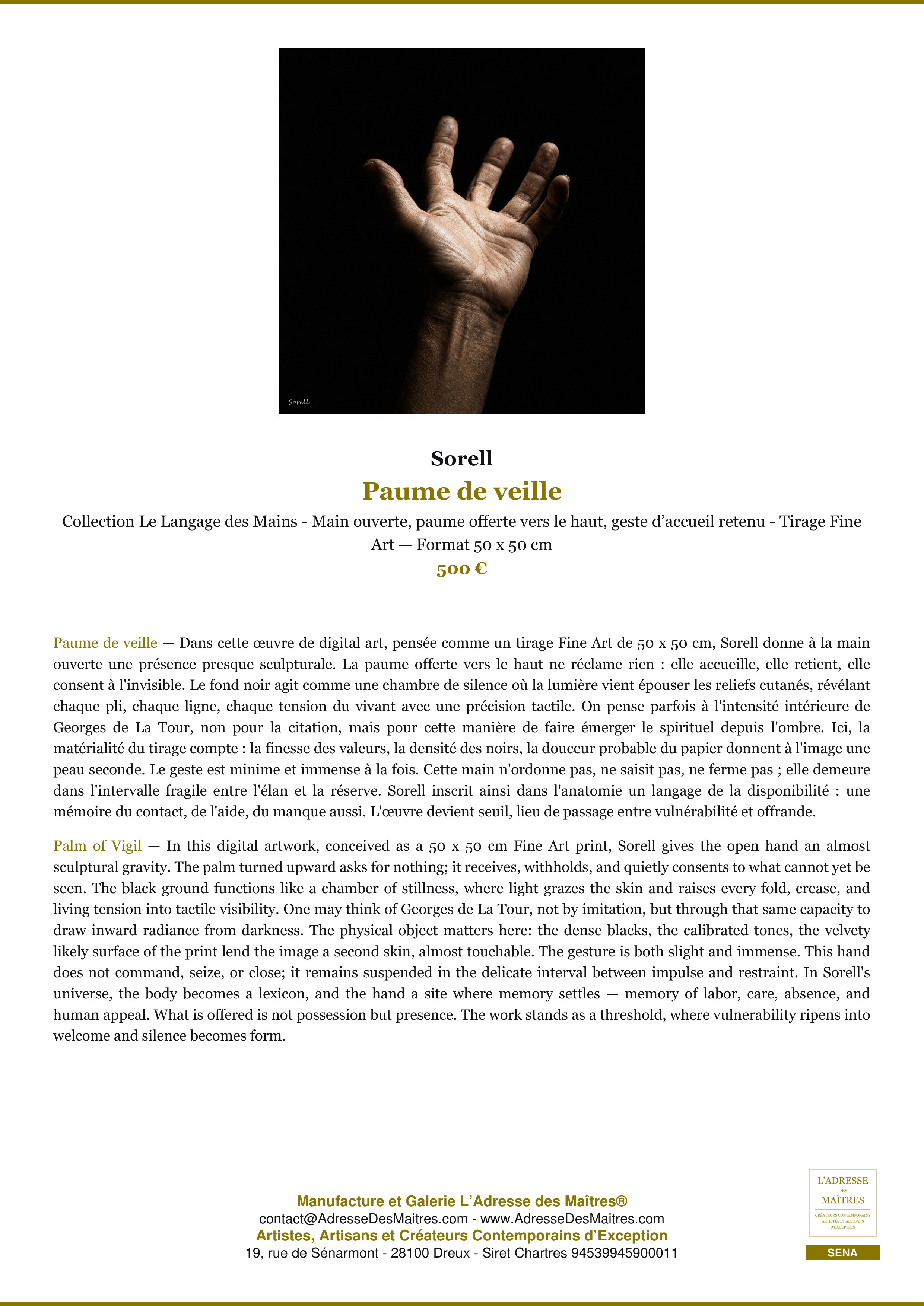 Fiche Premium — Paume de veille — Sorell — L'Adresse des Maîtres®