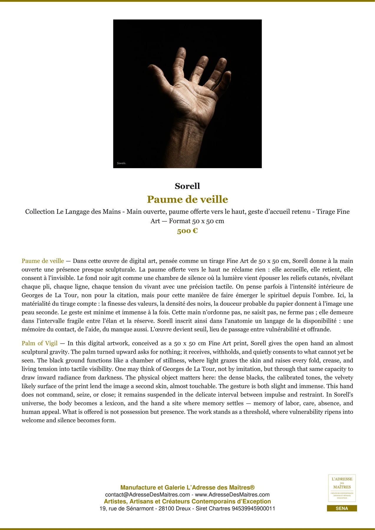 Fiche Premium — Paume de veille — Sorell — L'Adresse des Maîtres®