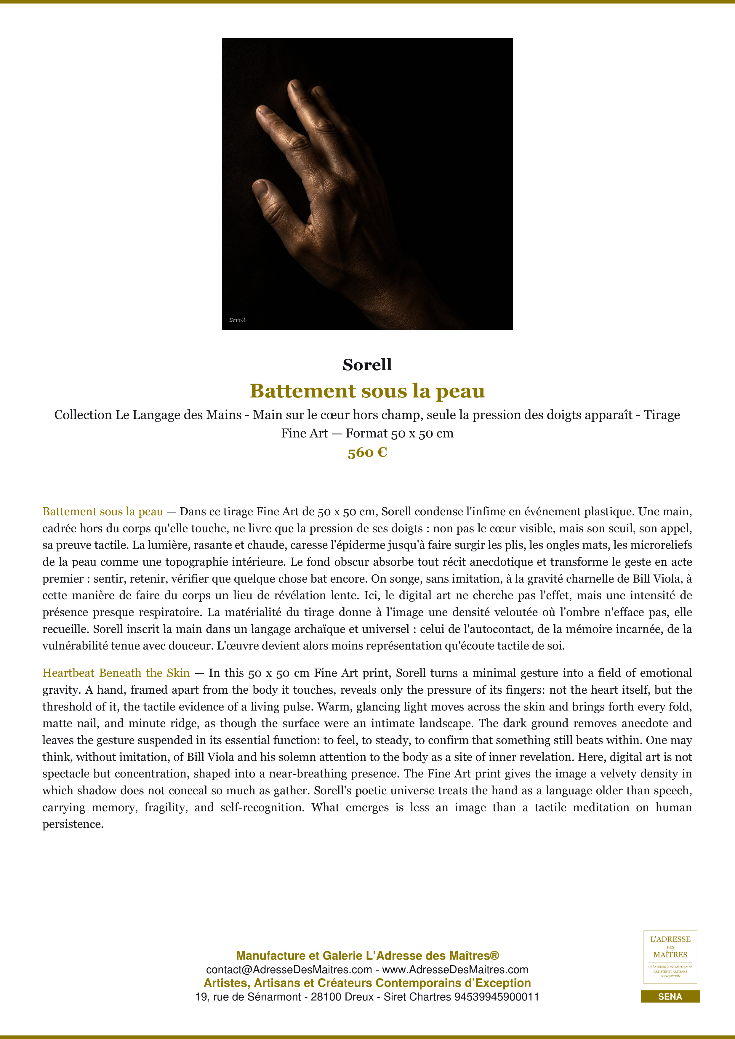 Fiche Premium — Battement sous la peau — Sorell — L'Adresse des Maîtres®