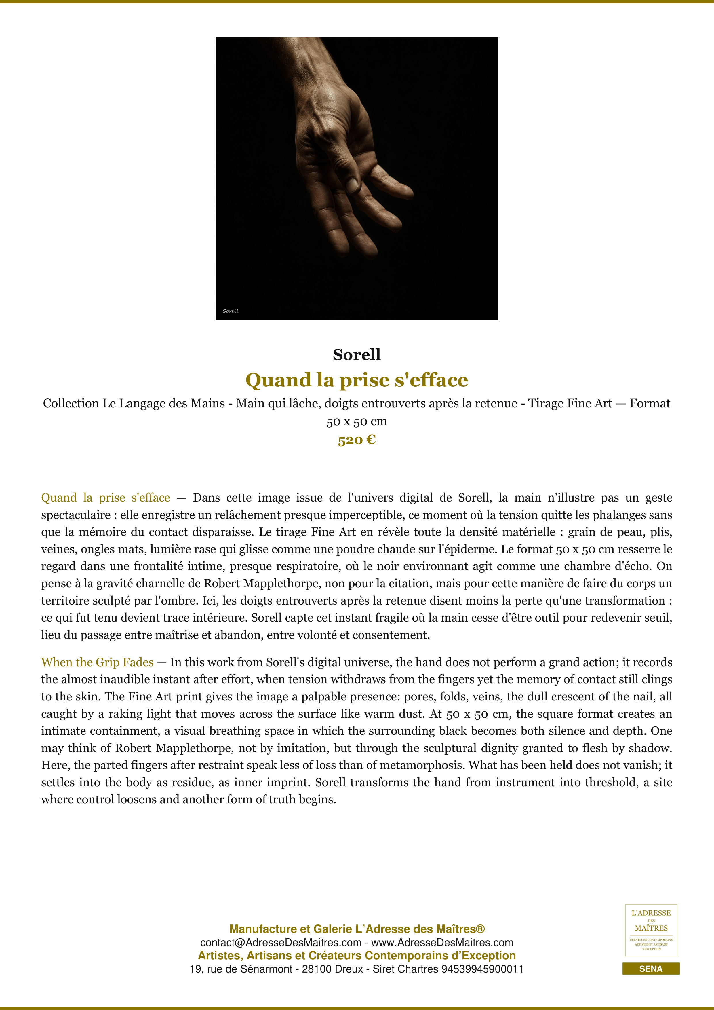 Fiche Premium — Quand la prise s'efface — Sorell — L'Adresse des Maîtres®