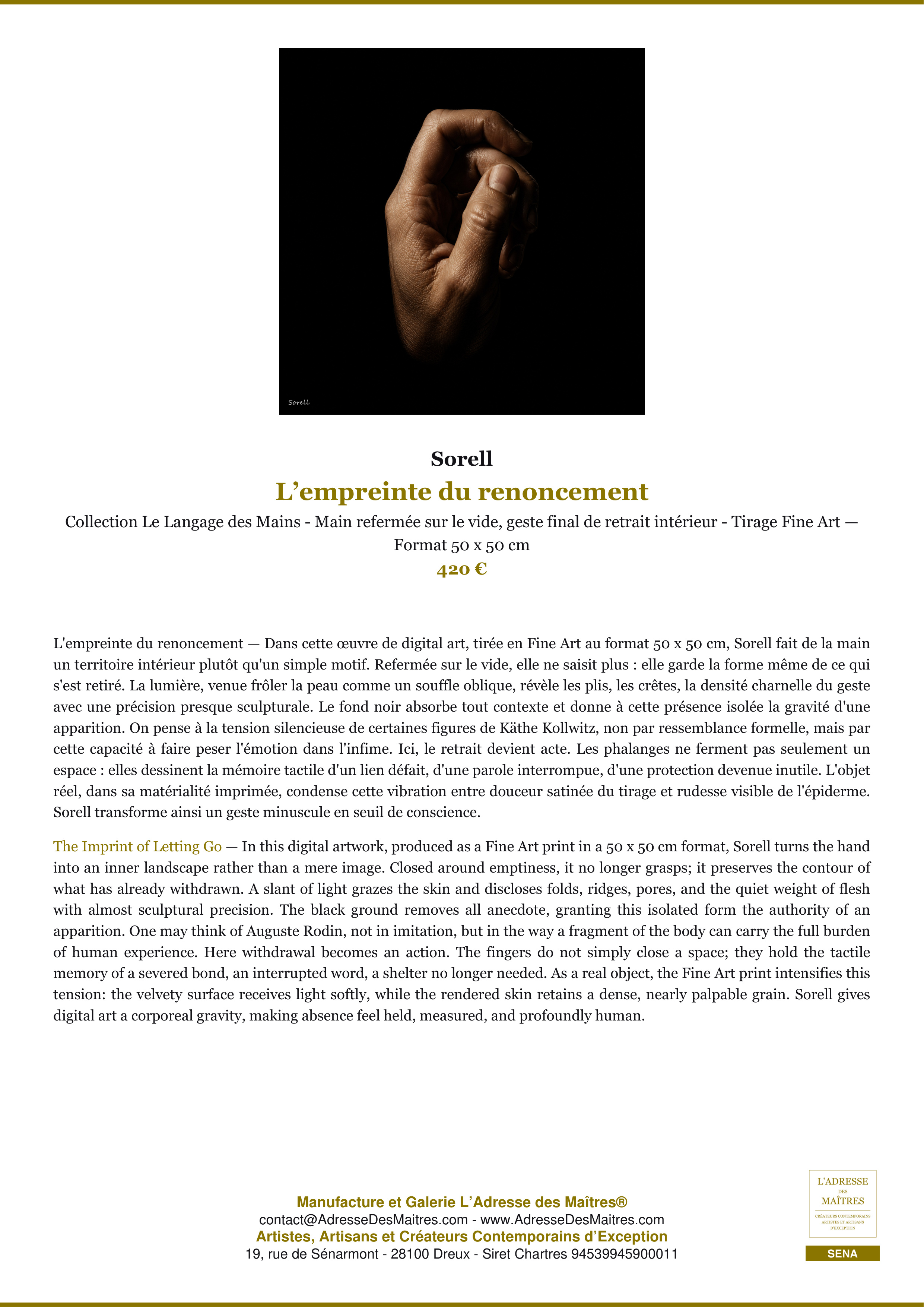 Fiche Premium — L’empreinte du renoncement — Sorell — L'Adresse des Maîtres®