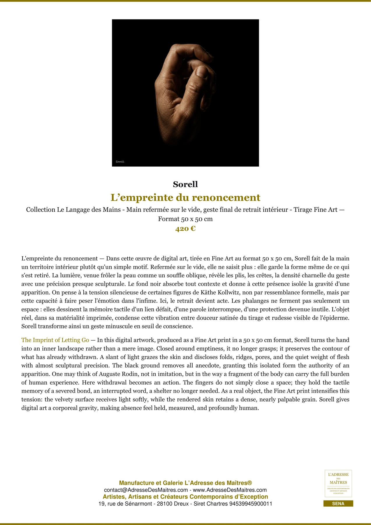 Fiche Premium — L’empreinte du renoncement — Sorell — L'Adresse des Maîtres®