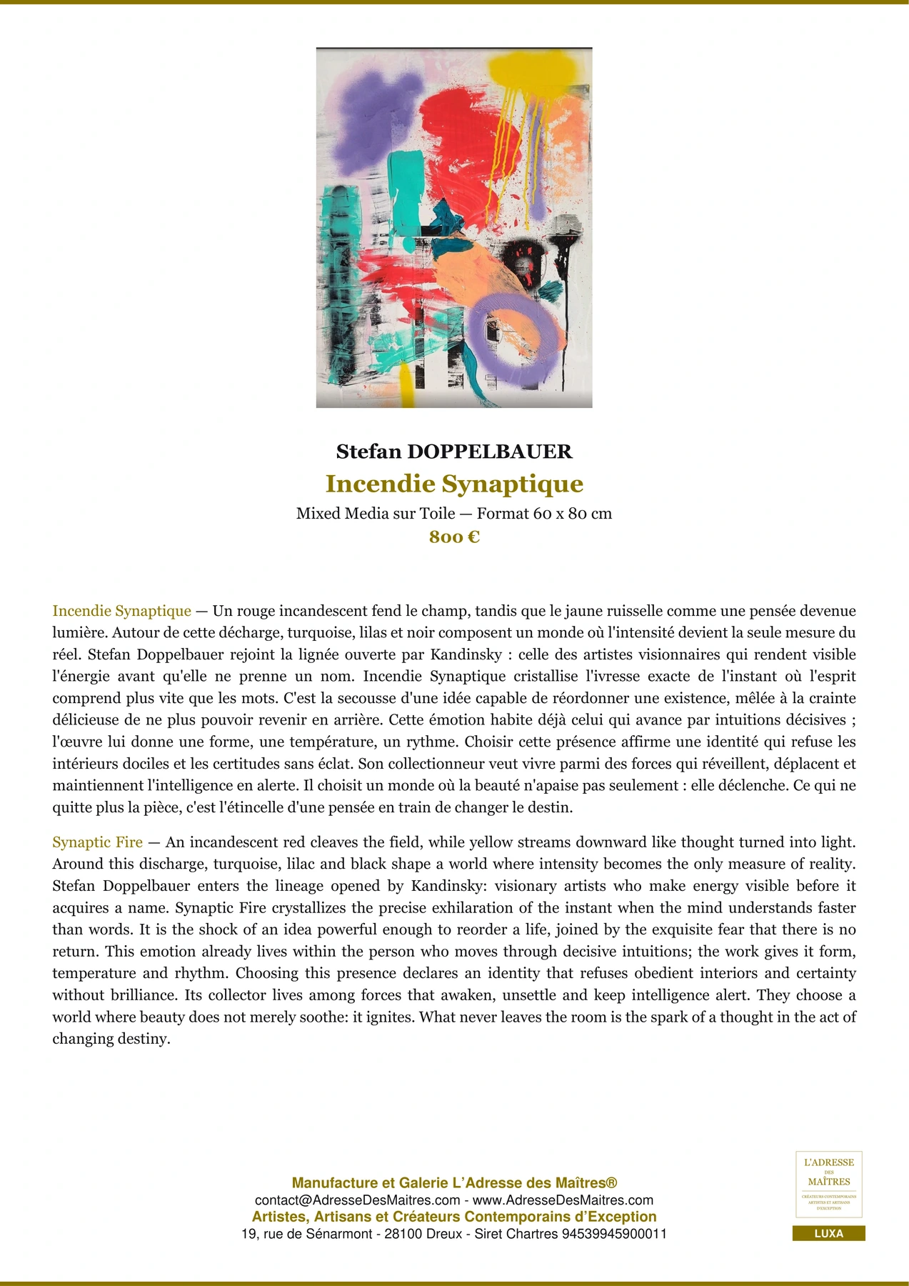 Fiche Premium — Incendie Synaptique — Stefan DOPPELBAUER — L'Adresse des Maîtres®