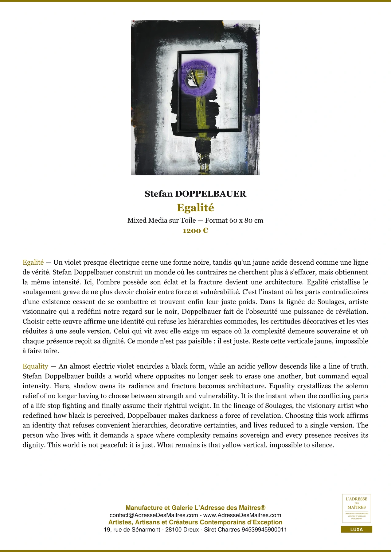 Fiche Premium — Egalité — Stefan DOPPELBAUER — L'Adresse des Maîtres®