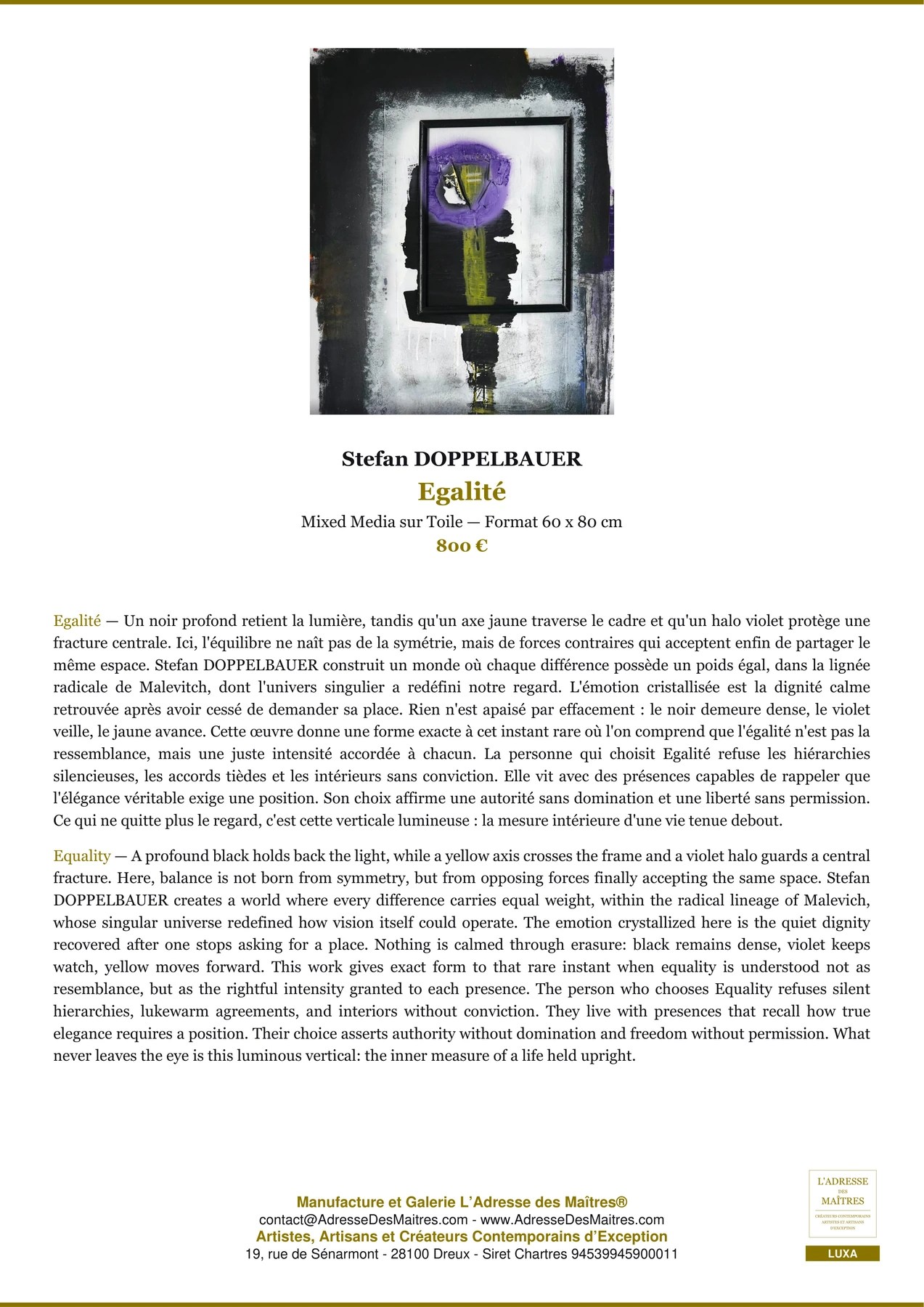 Fiche Premium — Egalité — Stefan DOPPELBAUER — L'Adresse des Maîtres®