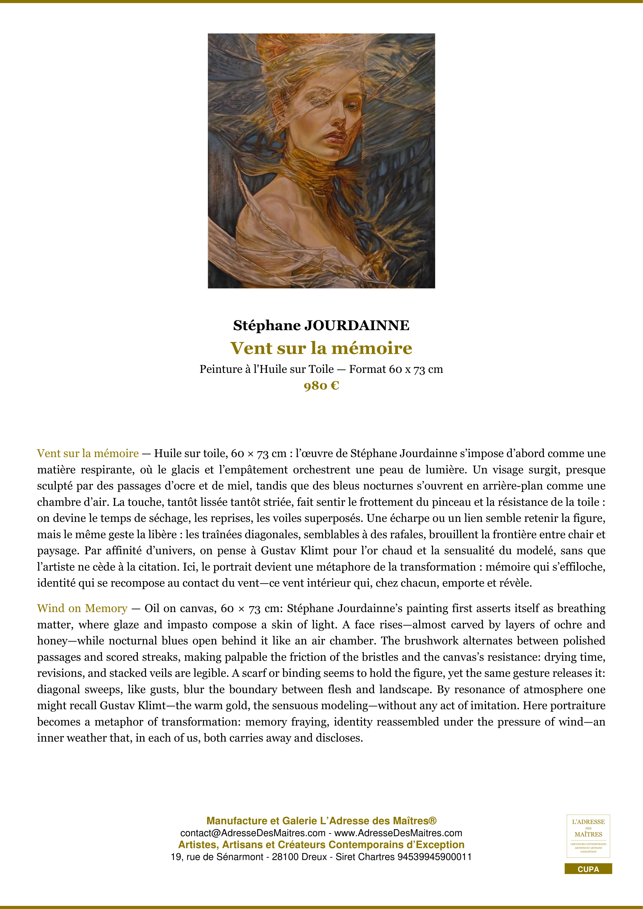 Fiche Premium — Vent sur la mémoire — Stéphane JOURDAINNE — L'Adresse des Maîtres®