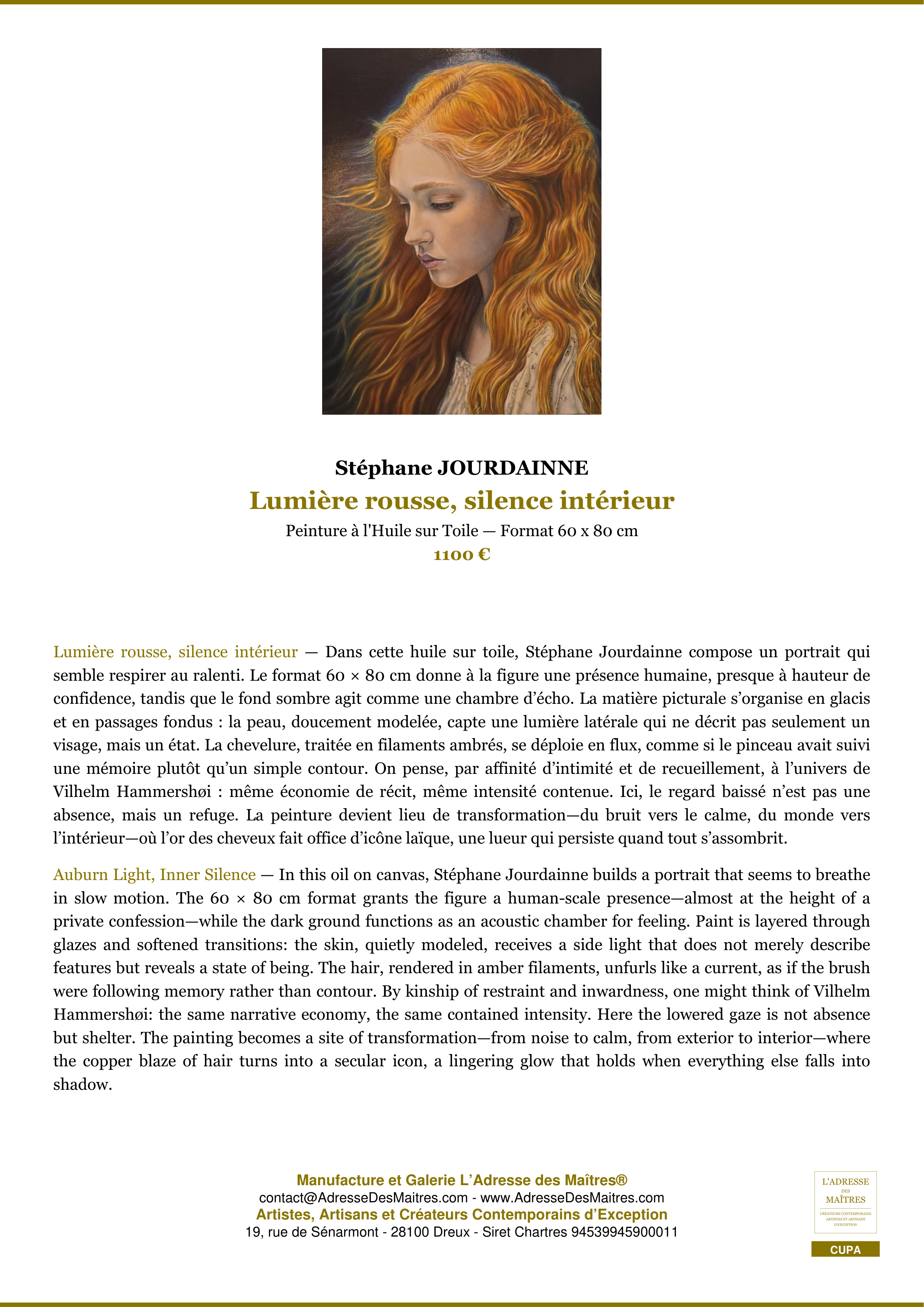 Fiche Premium — Lumière rousse, silence intérieur — Stéphane JOURDAINNE — L'Adresse des Maîtres®
