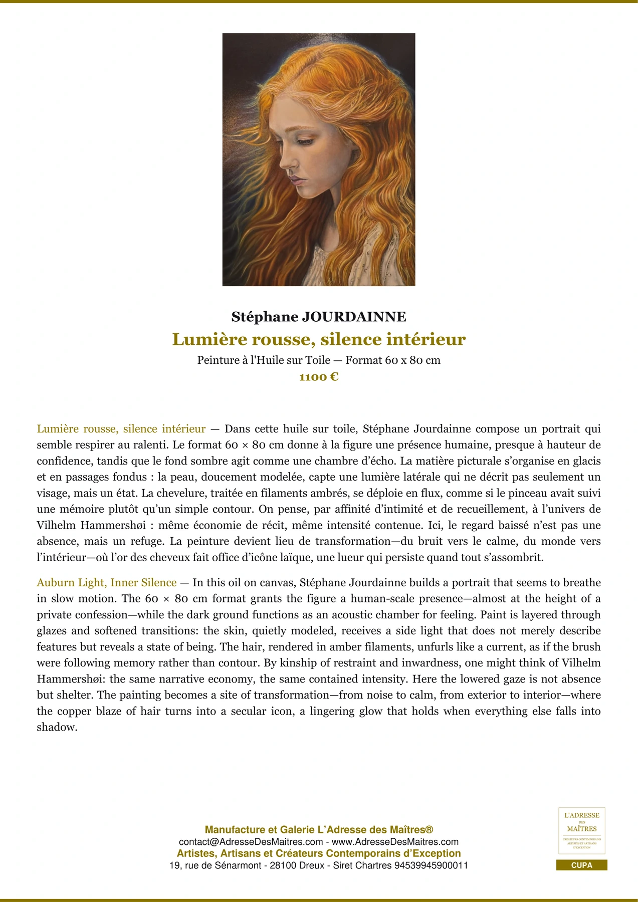 Fiche Premium - Lumière rousse, silence intérieur - Stéphane JOURDAINNE - L'Adresse des Maîtres®