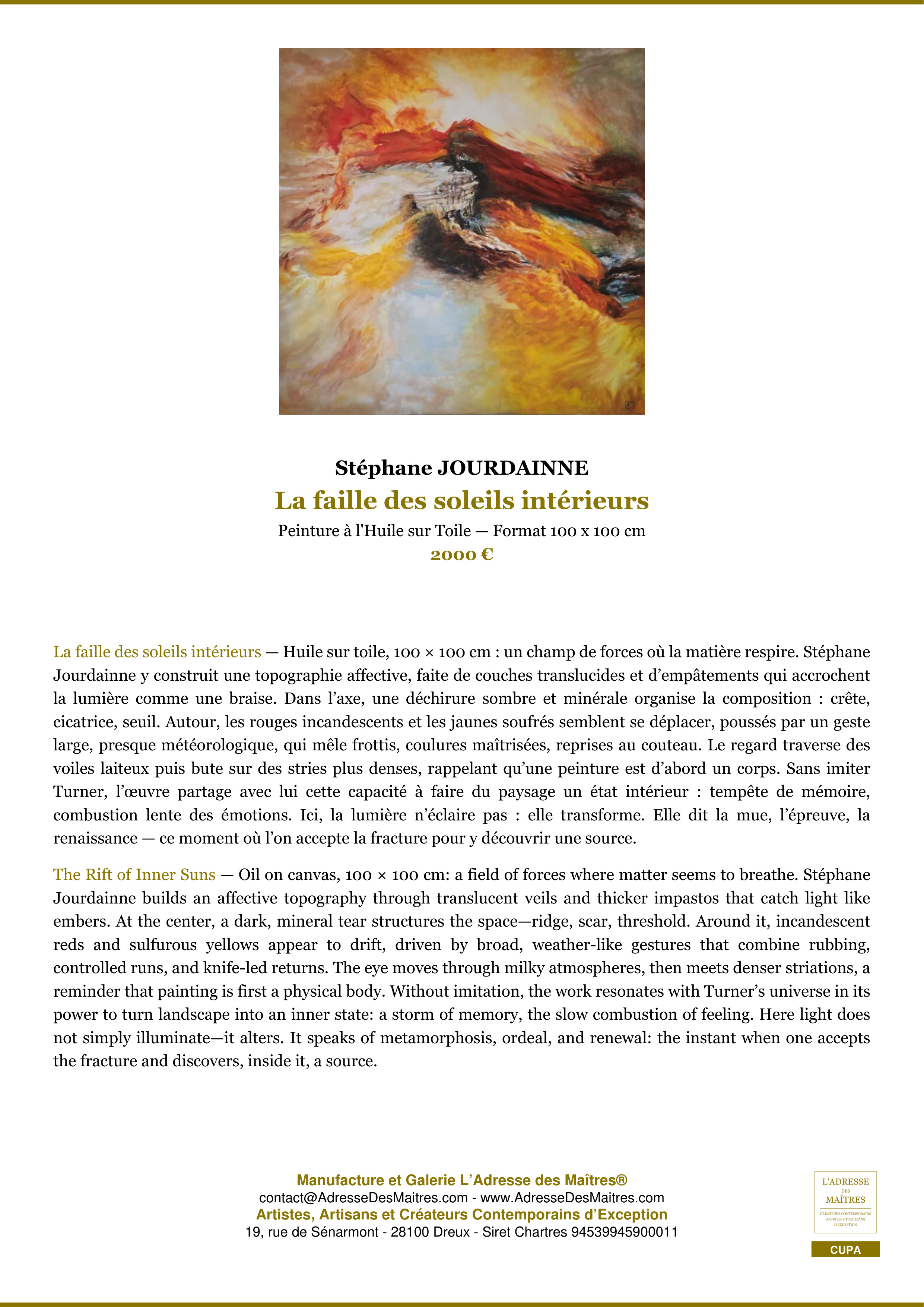 Fiche Premium — La faille des soleils intérieurs — Stéphane JOURDAINNE — L'Adresse des Maîtres®