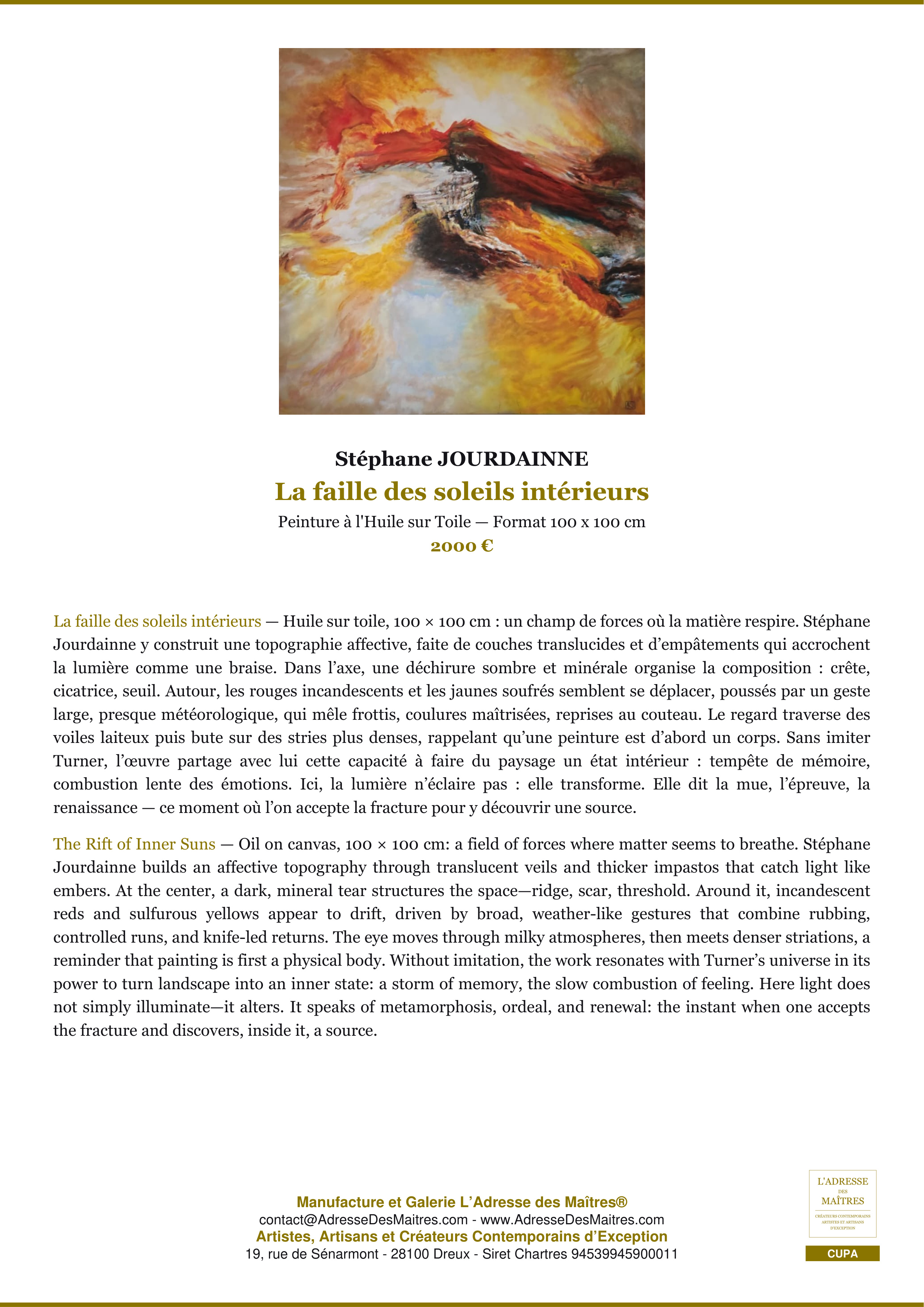 Fiche Premium — La faille des soleils intérieurs — Stéphane JOURDAINNE — L'Adresse des Maîtres®