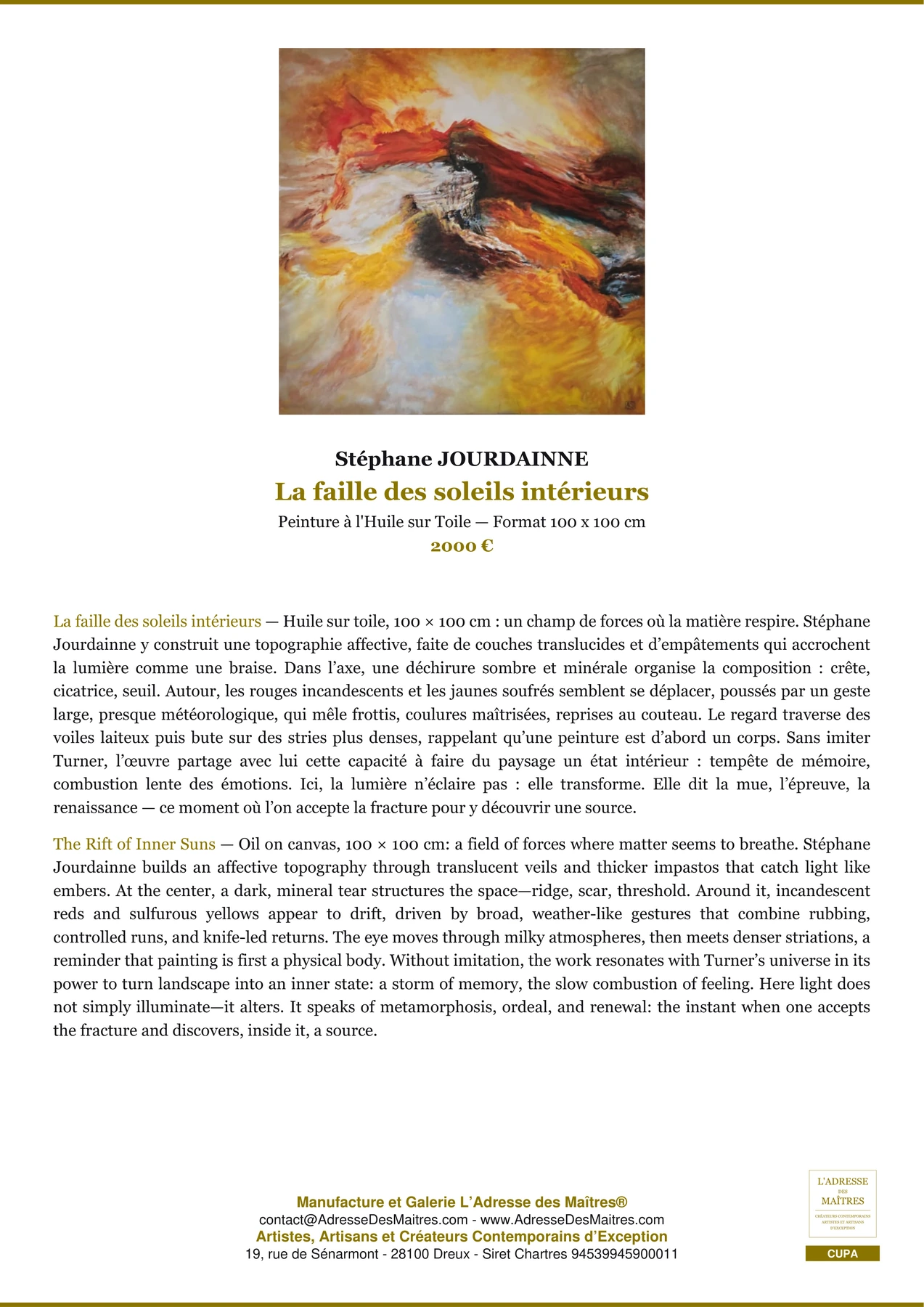 Fiche Premium - La faille des soleils intérieurs - Stéphane JOURDAINNE - L'Adresse des Maîtres®