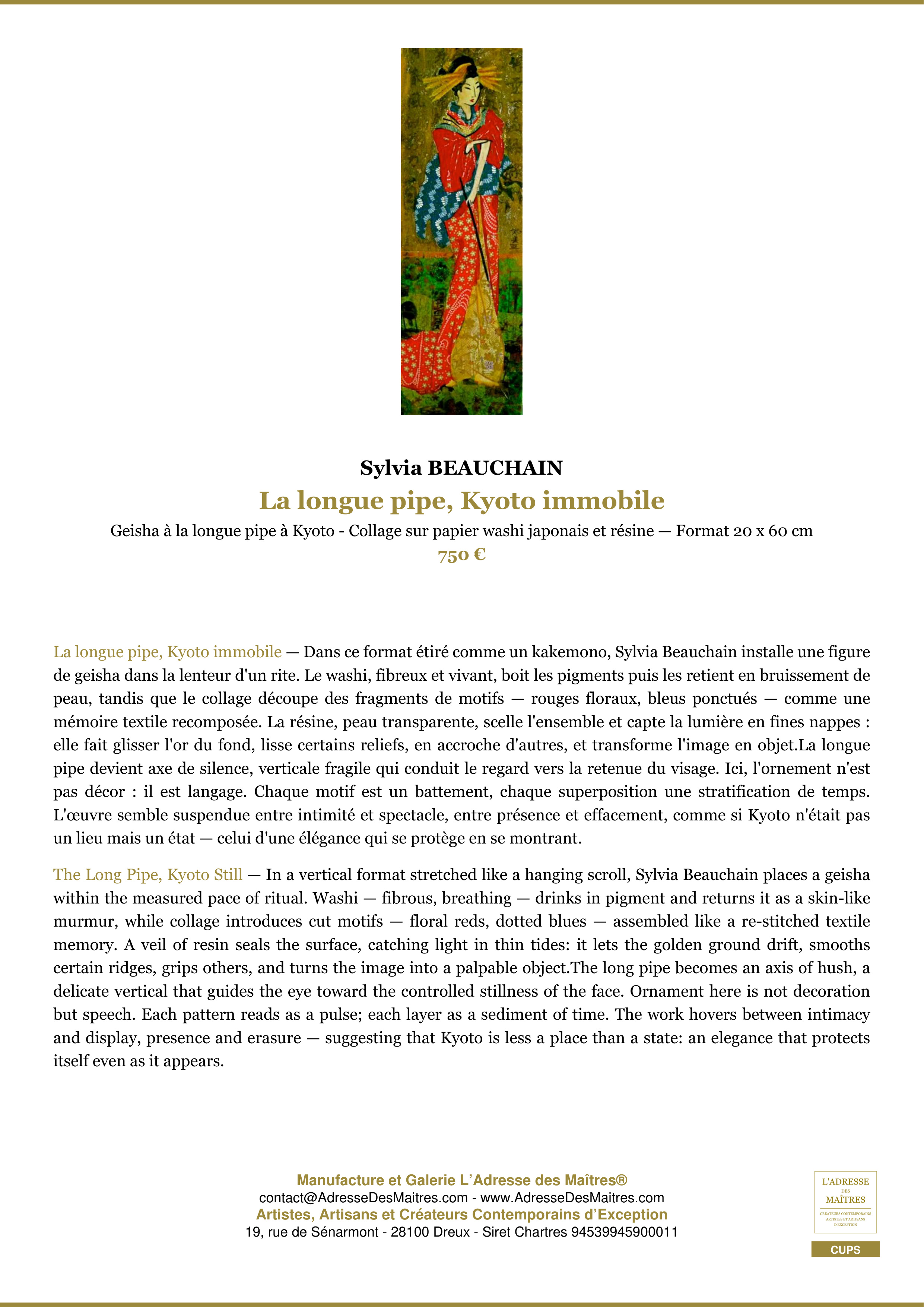 Fiche Premium — La longue pipe, Kyoto immobile — Sylvia BEAUCHAIN — L'Adresse des Maîtres®