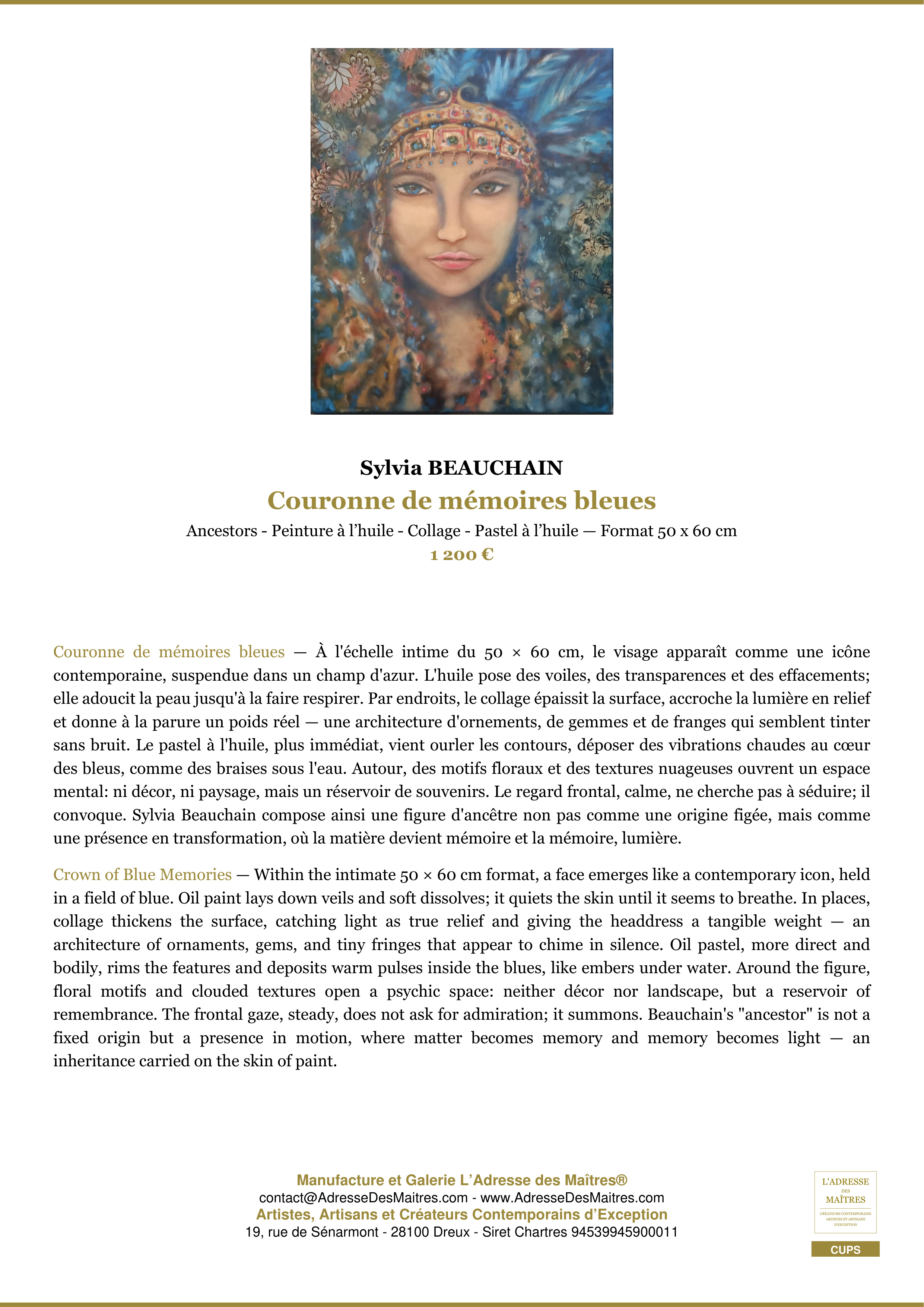 Fiche Premium — Couronne de mémoires bleues — Sylvia BEAUCHAIN — L'Adresse des Maîtres®