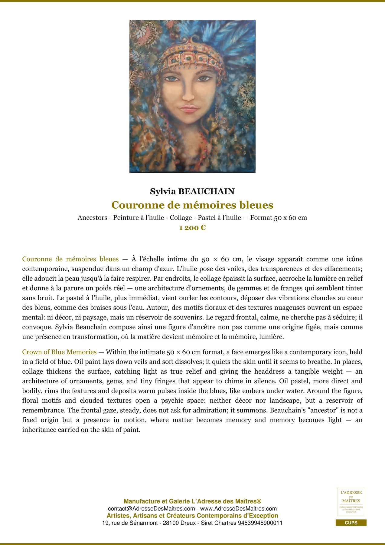 Fiche Premium - Couronne de mémoires bleues - Sylvia BEAUCHAIN - L'Adresse des Maîtres®