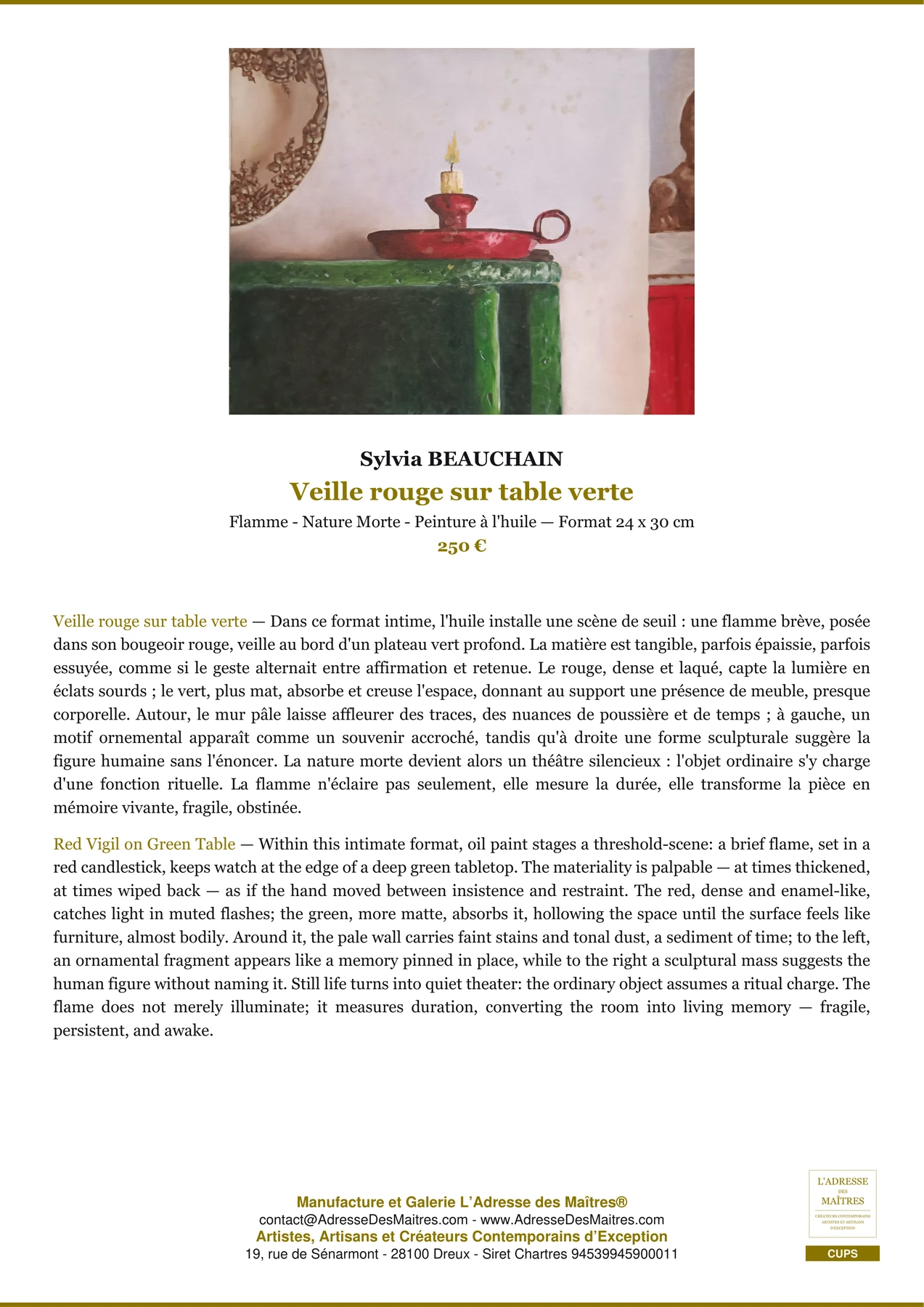 Fiche Premium - Veille rouge sur table verte - Sylvia BEAUCHAIN - L'Adresse des Maîtres®