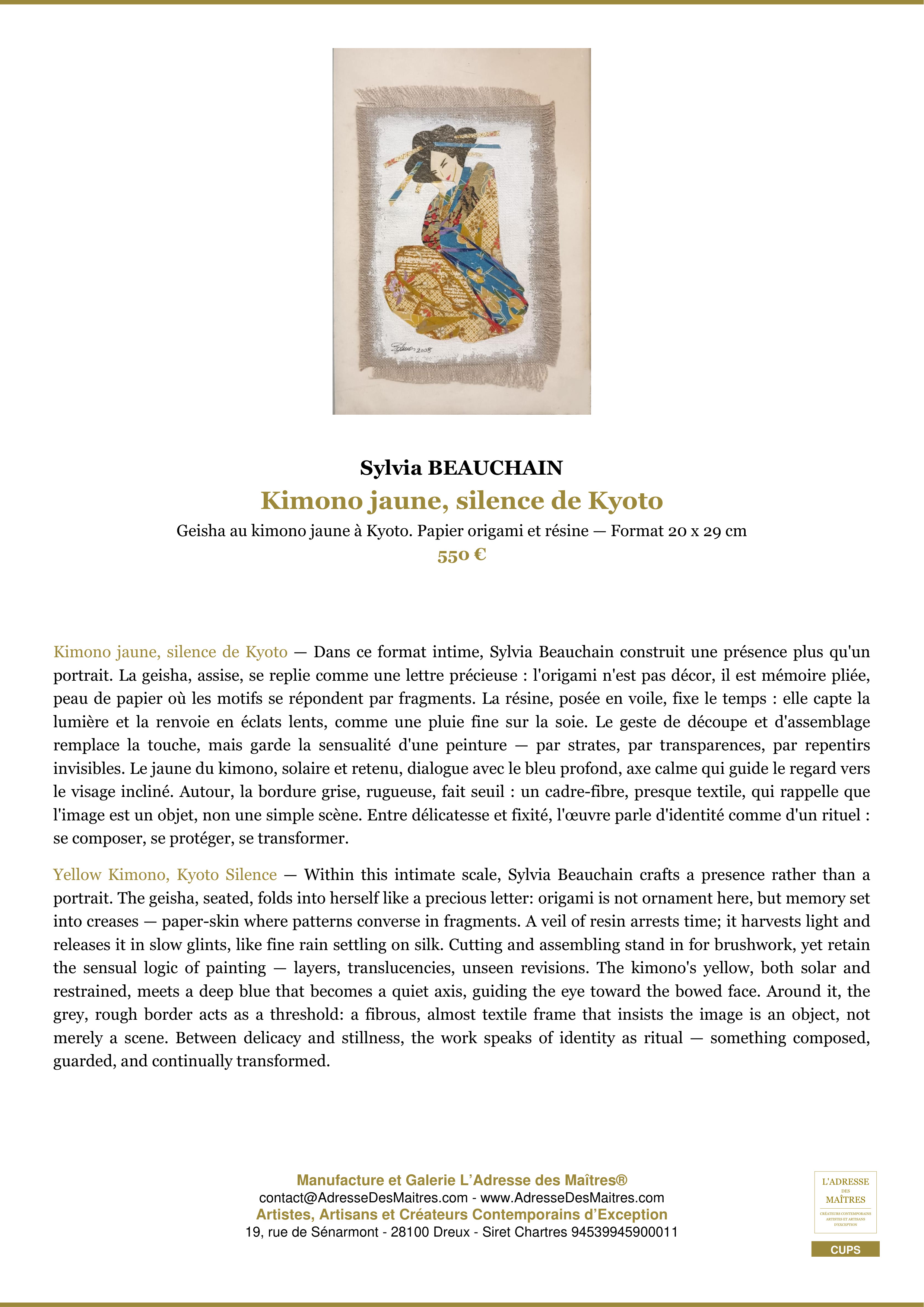 Fiche Premium — Kimono jaune, silence de Kyoto — Sylvia BEAUCHAIN — L'Adresse des Maîtres®