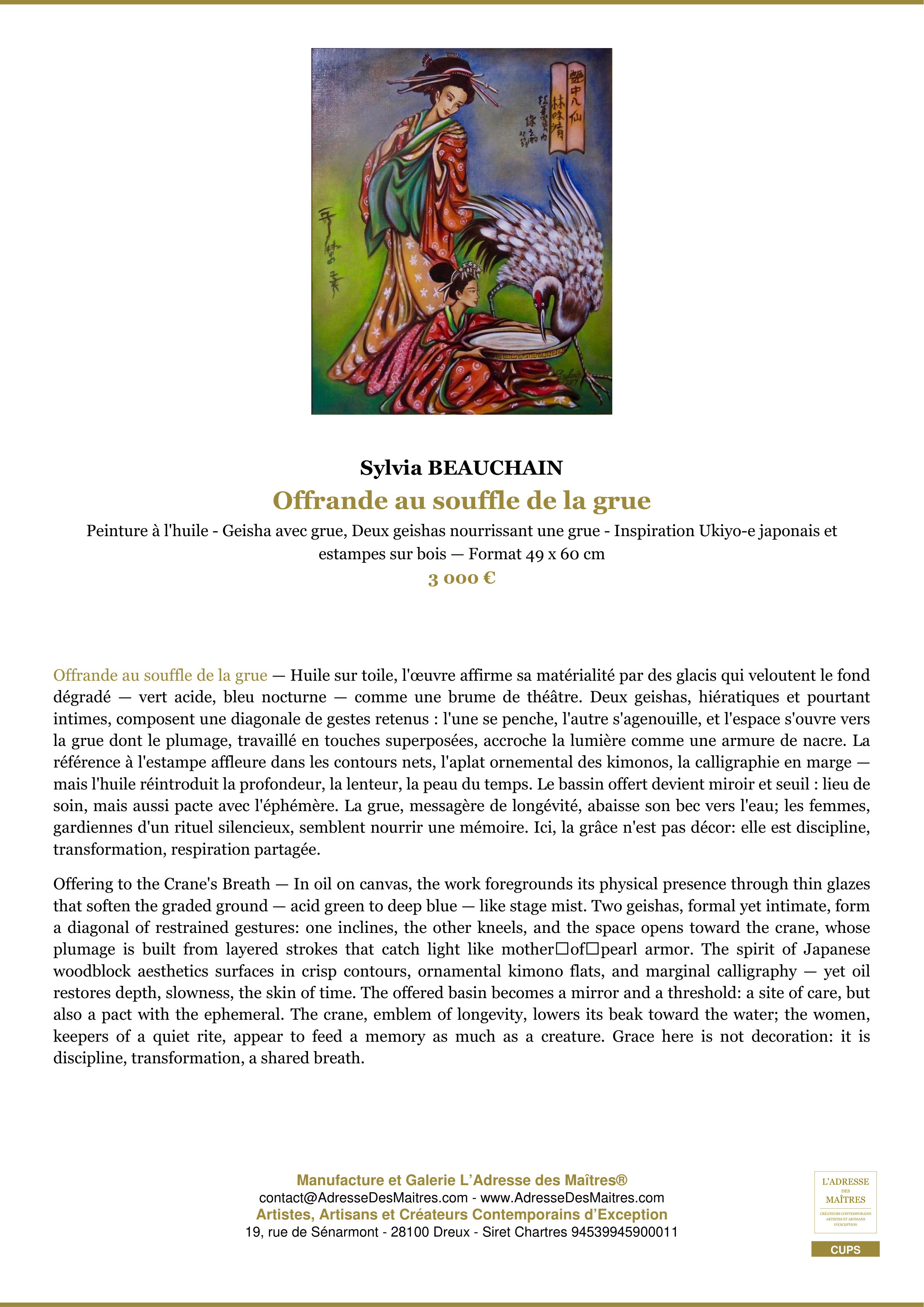 Fiche Premium — Offrande au souffle de la grue — Sylvia BEAUCHAIN — L'Adresse des Maîtres®