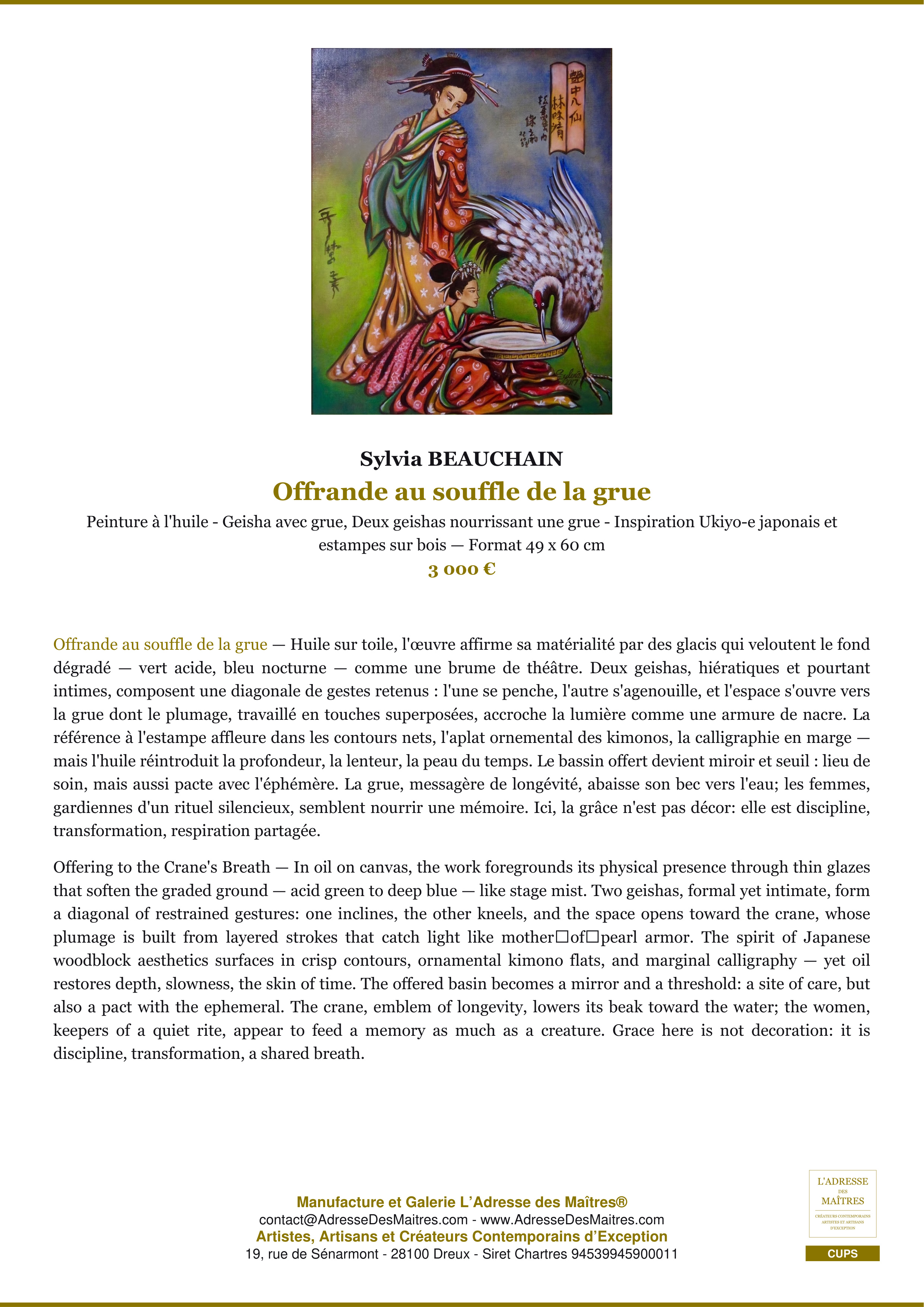 Fiche Premium — Offrande au souffle de la grue — Sylvia BEAUCHAIN — L'Adresse des Maîtres®