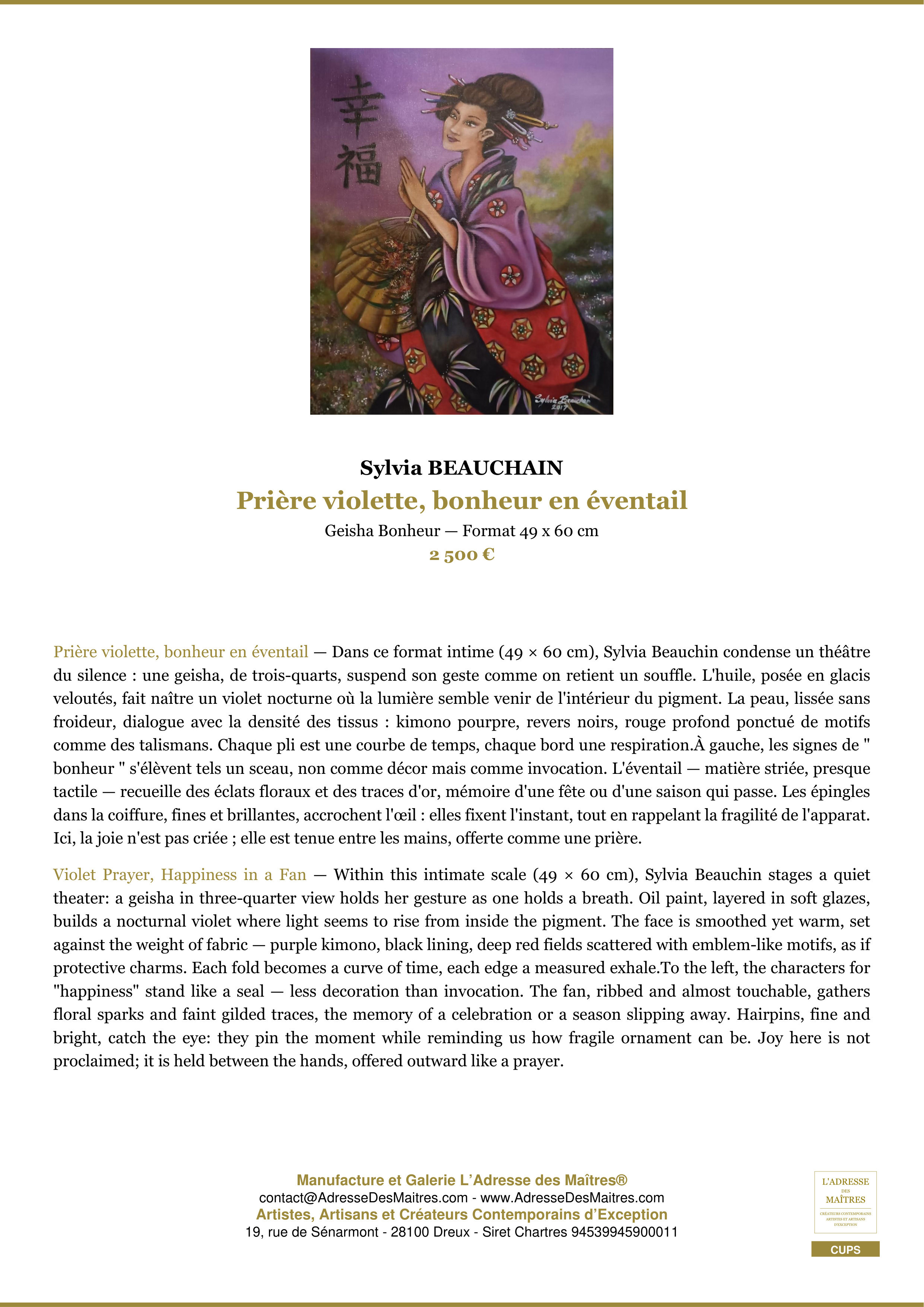 Fiche Premium — Prière violette, bonheur en éventail — Sylvia BEAUCHAIN — L'Adresse des Maîtres®
