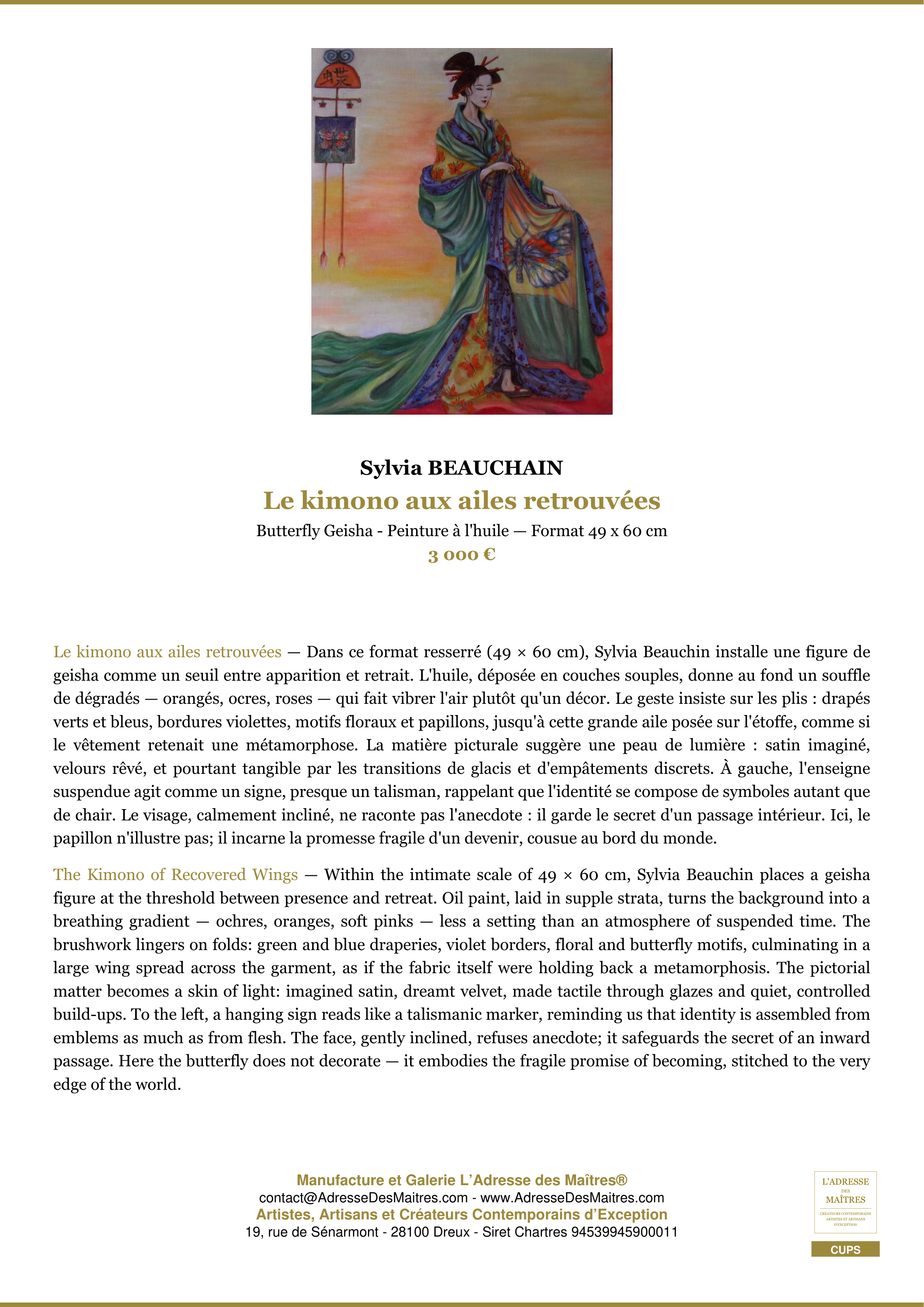 Fiche Premium — Le kimono aux ailes retrouvées — Sylvia BEAUCHAIN — L'Adresse des Maîtres®