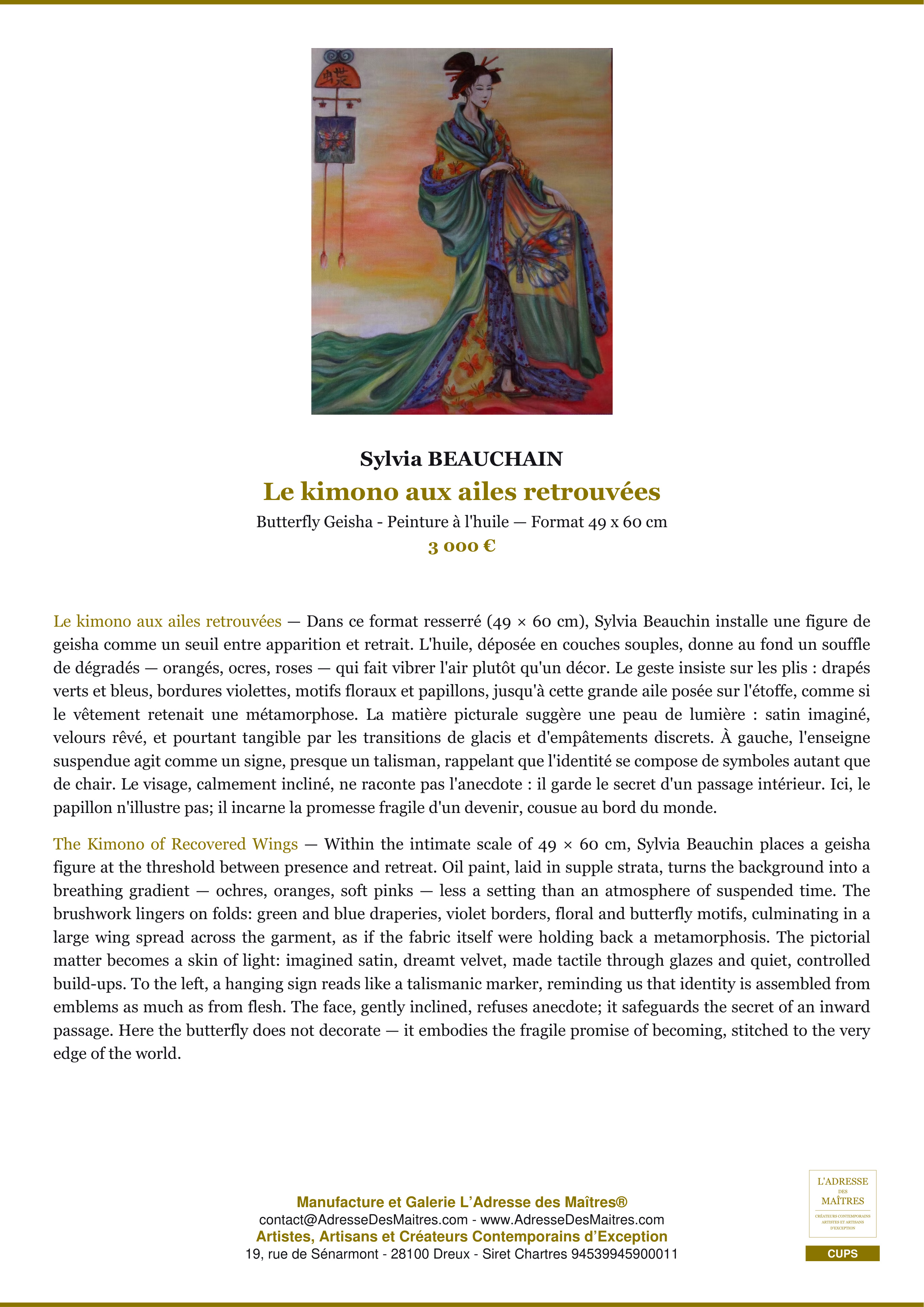 Fiche Premium — Le kimono aux ailes retrouvées — Sylvia BEAUCHAIN — L'Adresse des Maîtres®