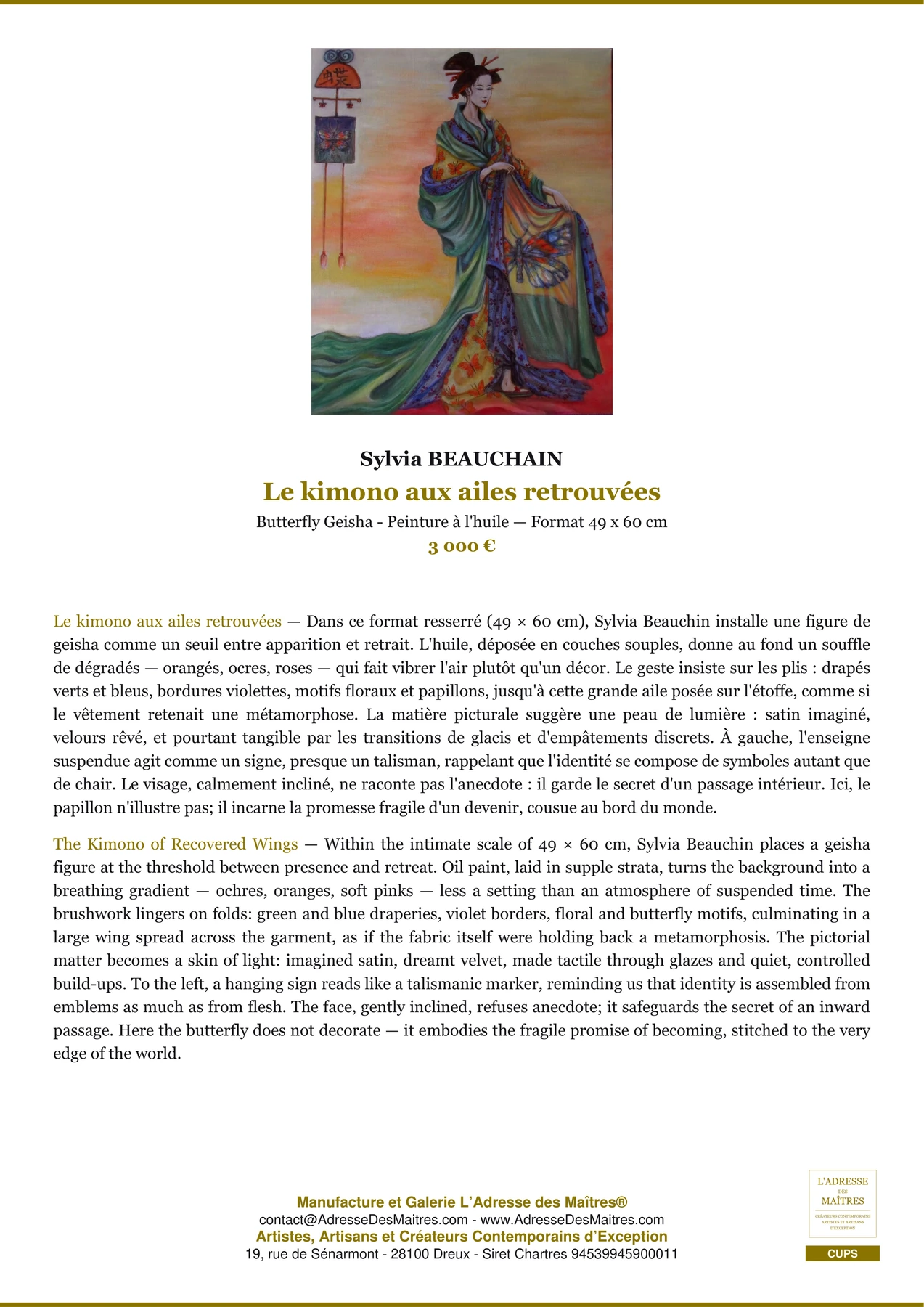 Fiche Premium - Le kimono aux ailes retrouvées - Sylvia BEAUCHAIN - L'Adresse des Maîtres®