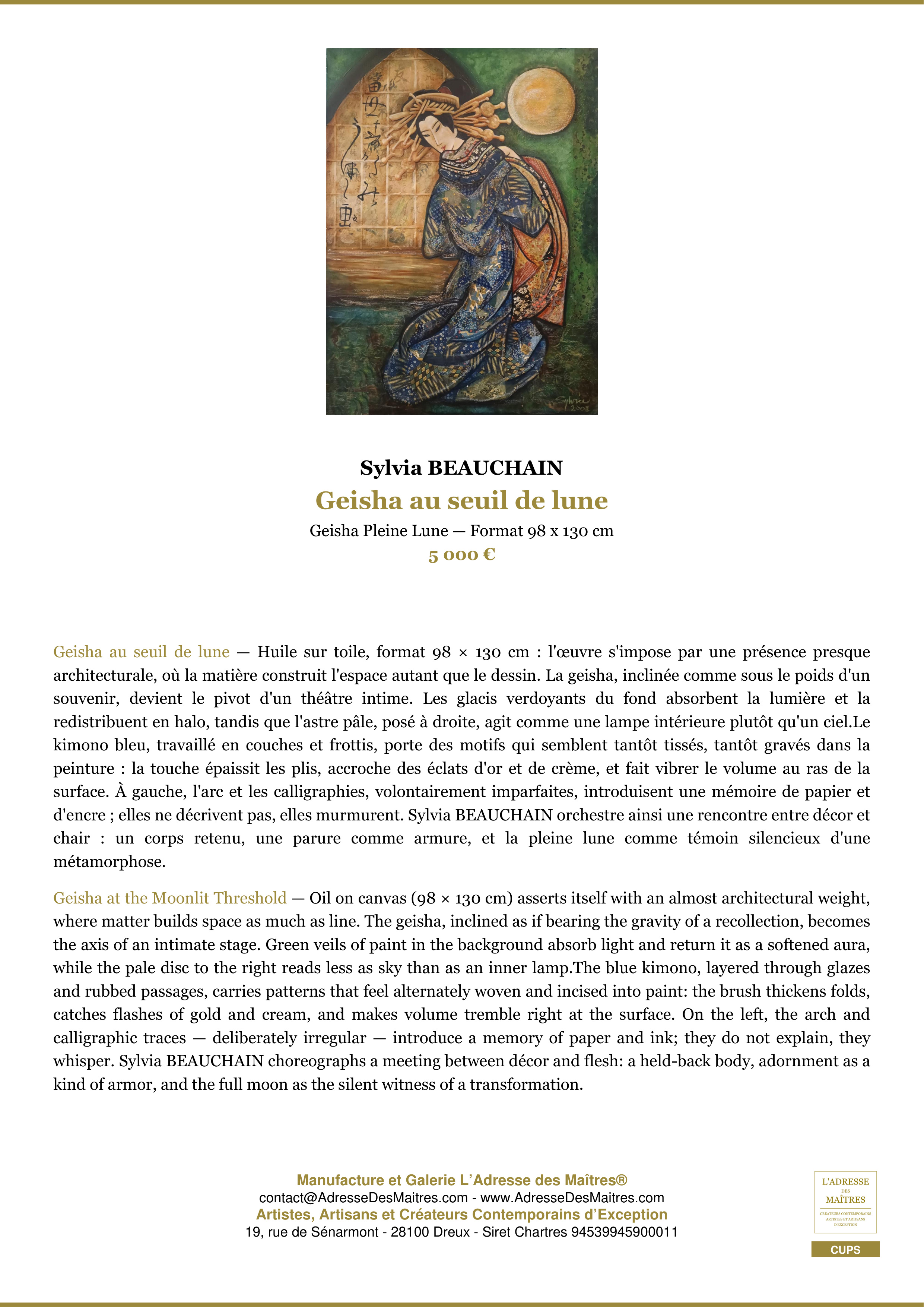 Fiche Premium — Geisha au seuil de lune — Sylvia BEAUCHAIN — L'Adresse des Maîtres®