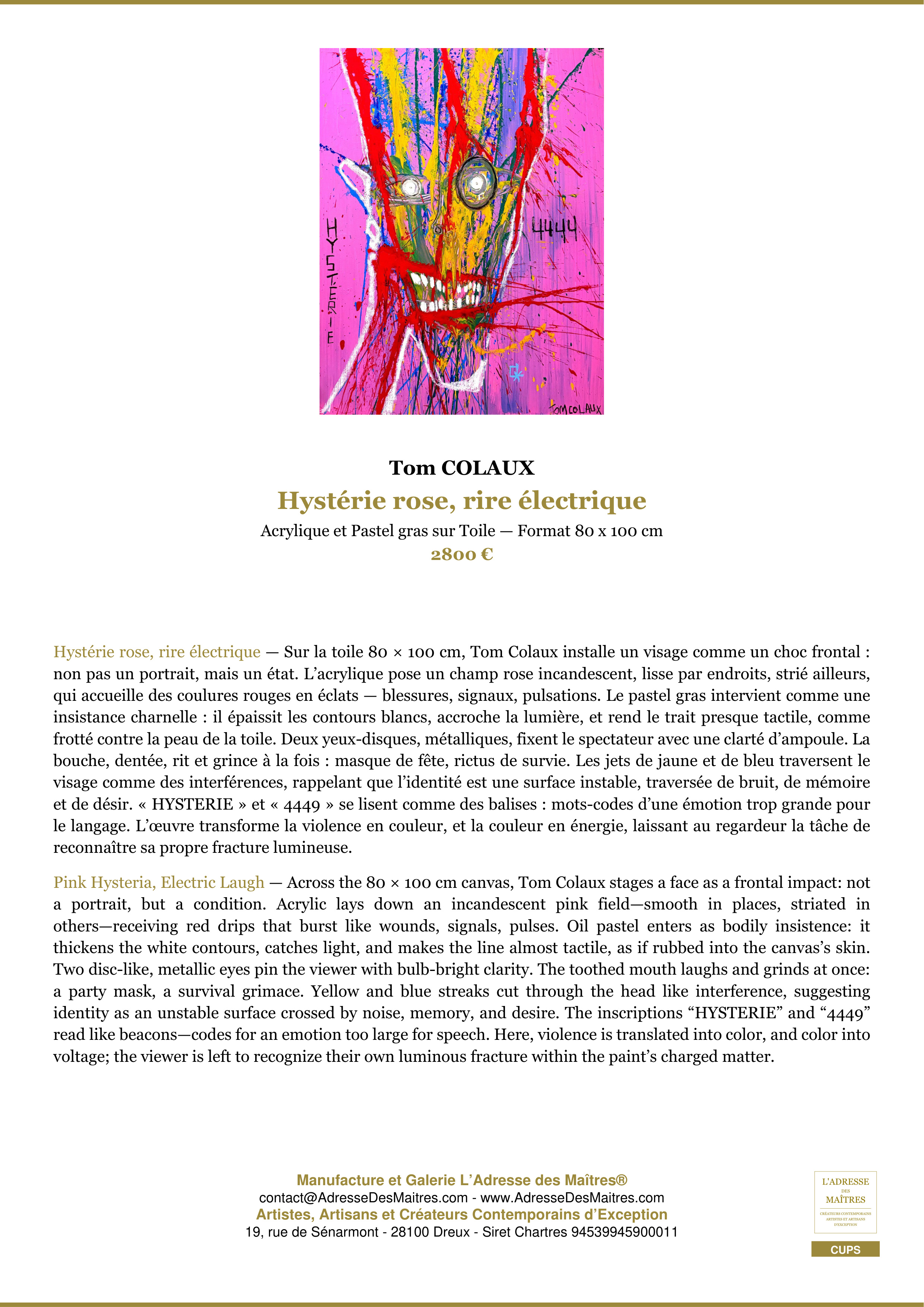 Fiche Premium — Hystérie rose, rire électrique — Tom COLAUX — L'Adresse des Maîtres®