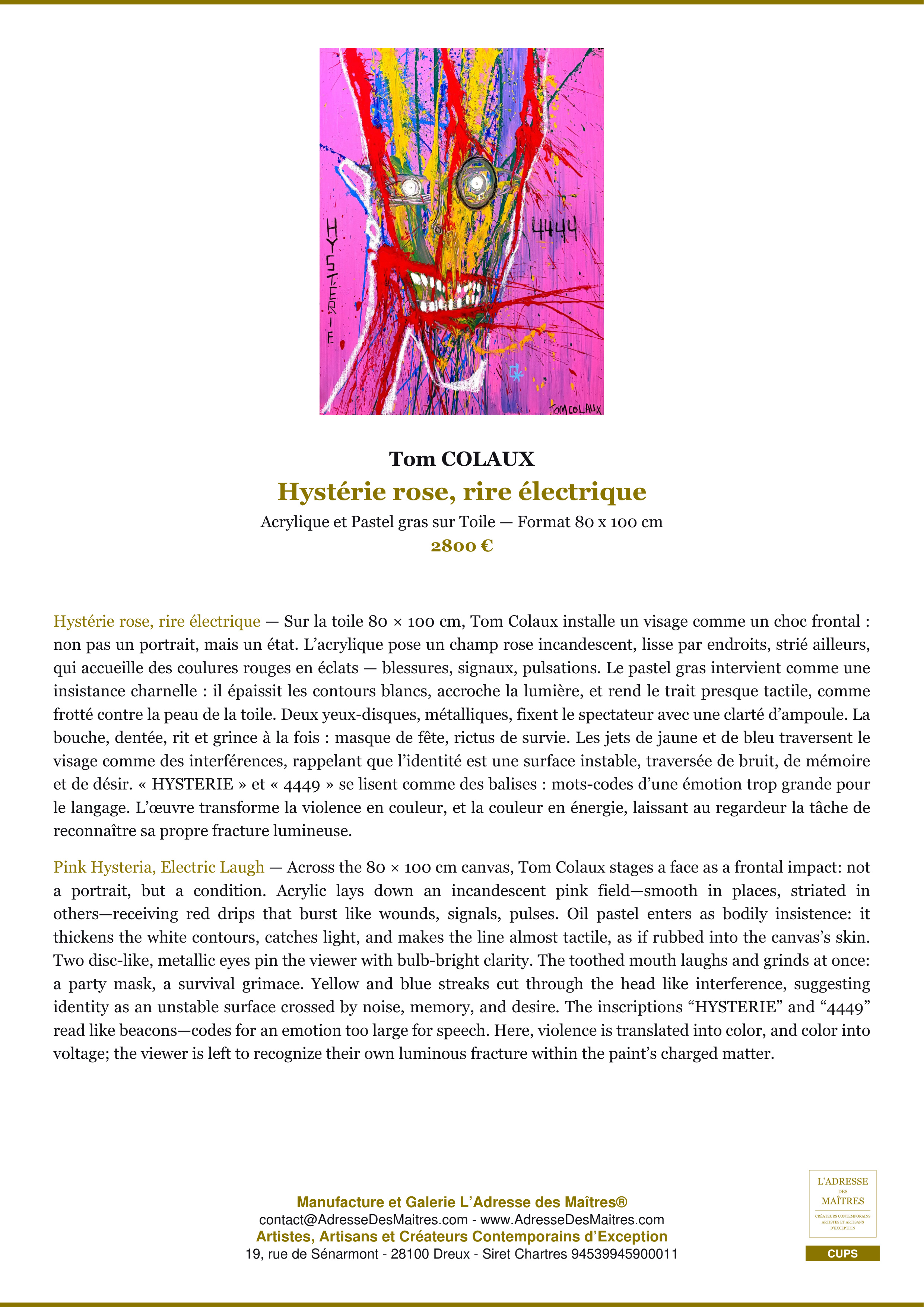 Fiche Premium — Hystérie rose, rire électrique — Tom COLAUX — L'Adresse des Maîtres®