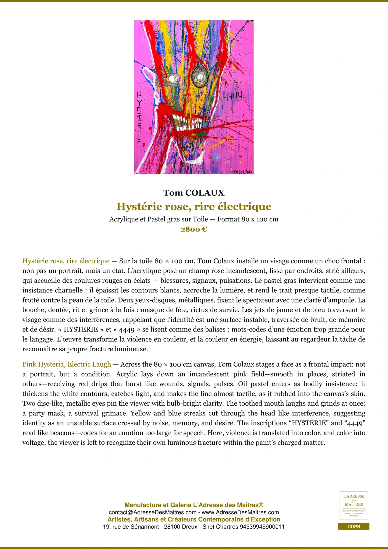Fiche Premium - Hystérie rose, rire électrique - Tom COLAUX - L'Adresse des Maîtres®
