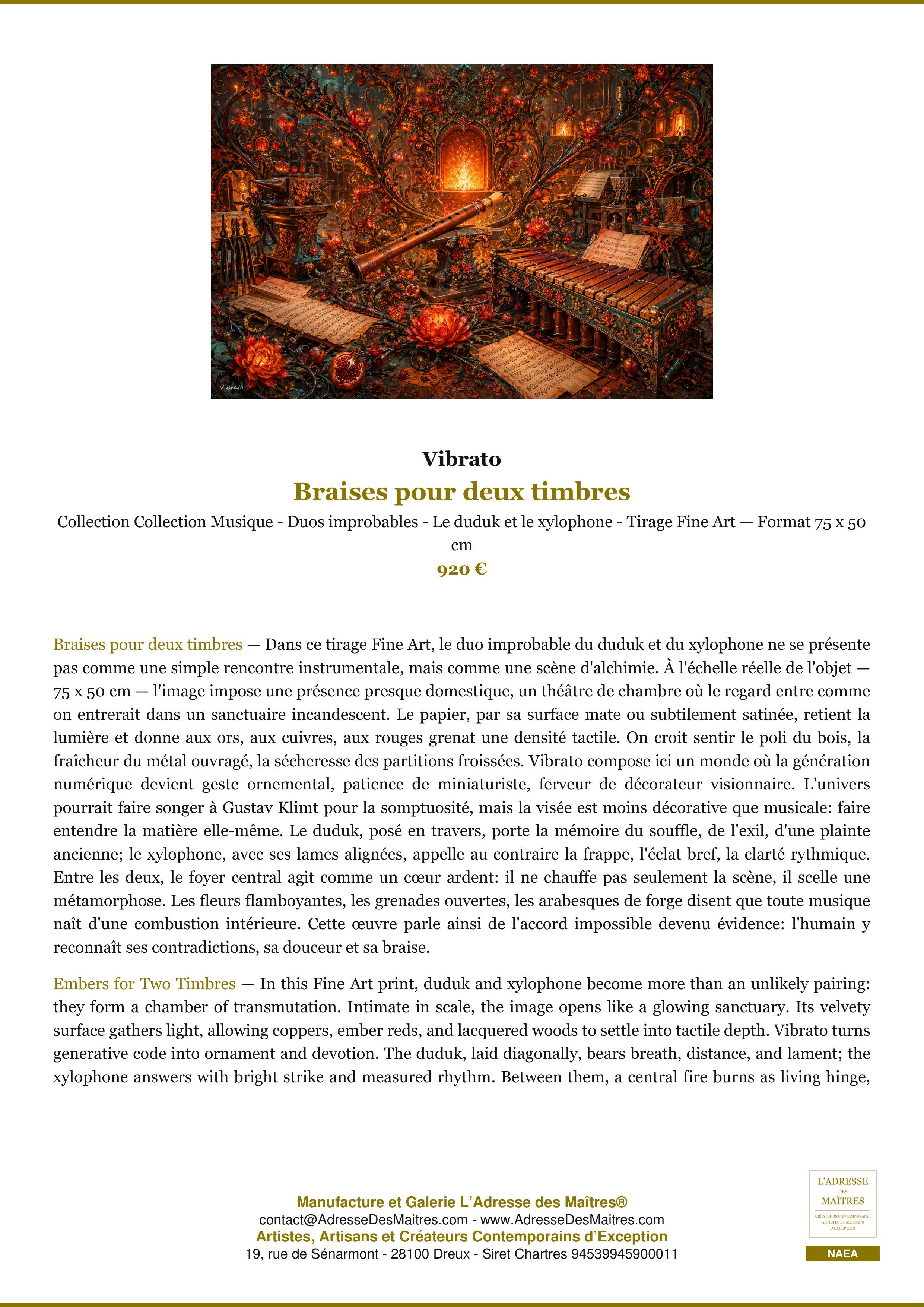 Fiche Premium — Braises pour deux timbres — Vibrato — L'Adresse des Maîtres®