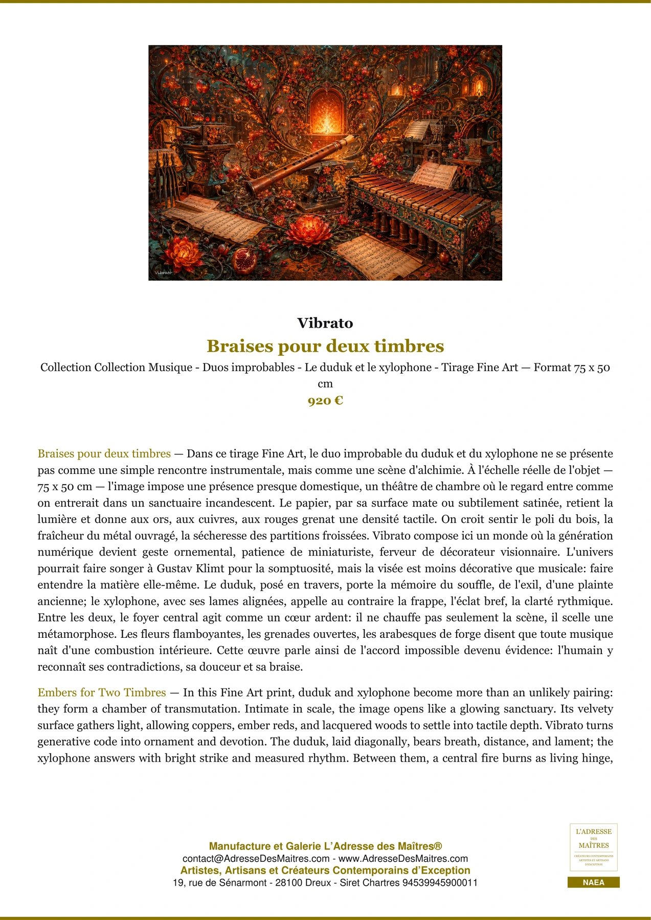 Fiche Premium - Braises pour deux timbres - Vibrato - L'Adresse des Maîtres®
