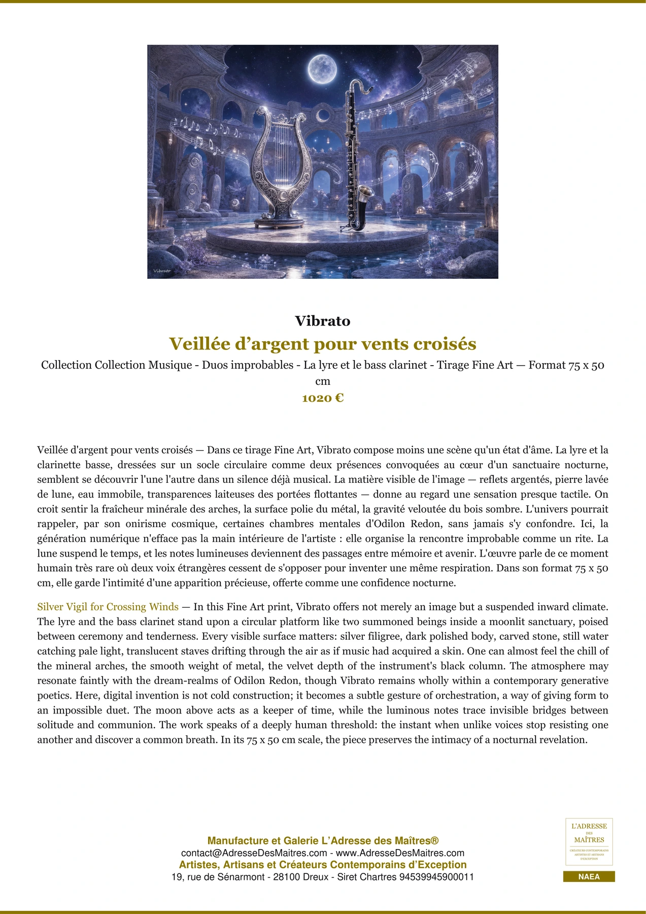 Fiche Premium - Veillée d’argent pour vents croisés - Vibrato - L'Adresse des Maîtres®