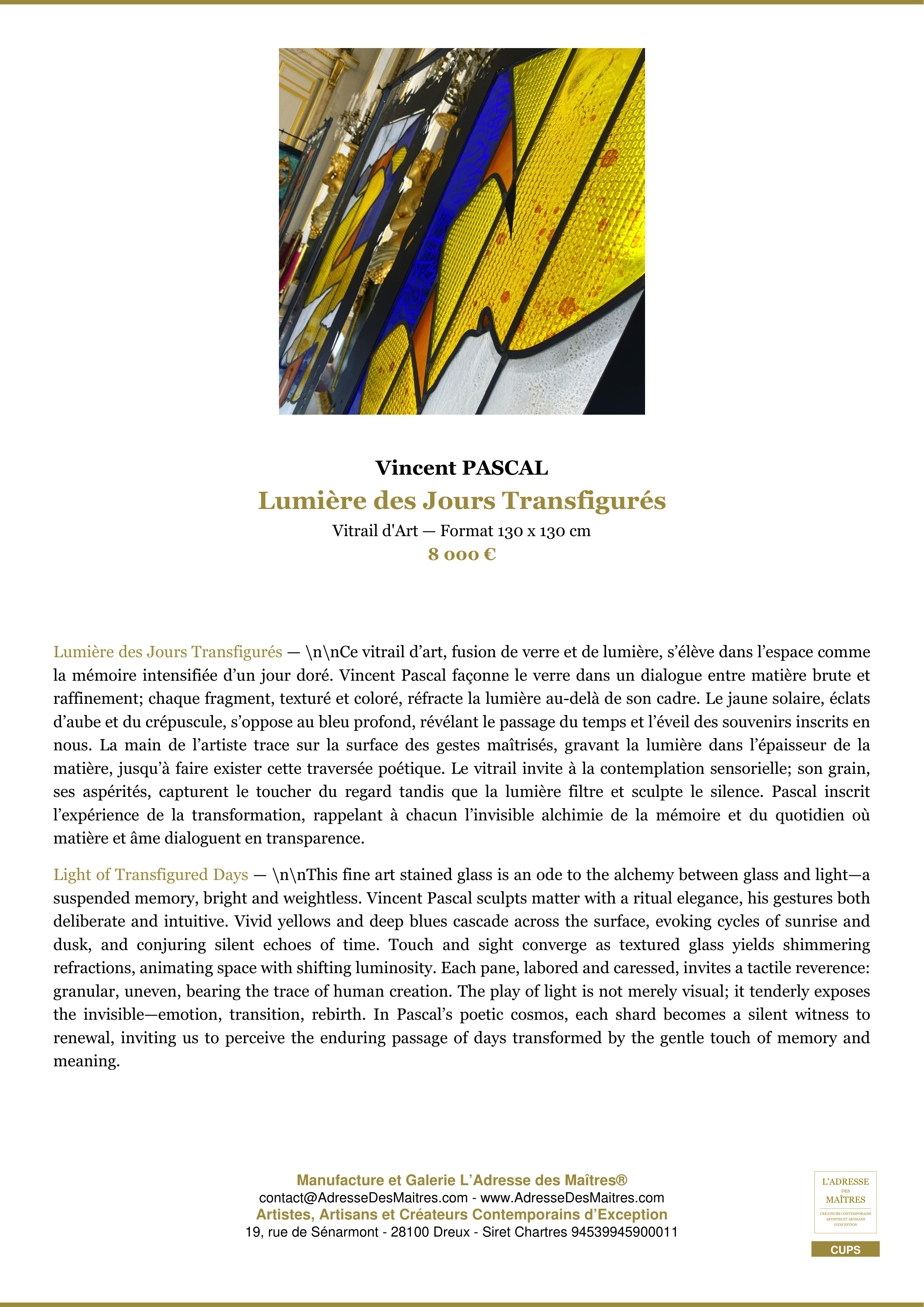 Fiche Premium — Lumière des Jours Transfigurés — Vincent PASCAL — L'Adresse des Maîtres®