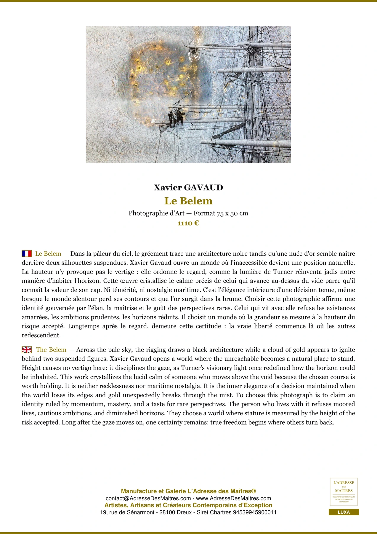 Le Belem — Fiche Premium, Photographie d'Art 75 x 50 cm, Xavier GAVAUD